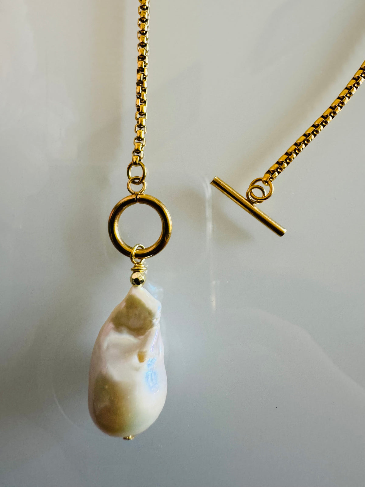 Handmade Freshwater Pearl Dangle Necklace, Gold Surgical Stainless Steel Chain & Toggle, Tarnish Free Waterproof Jewellery, Minimalist