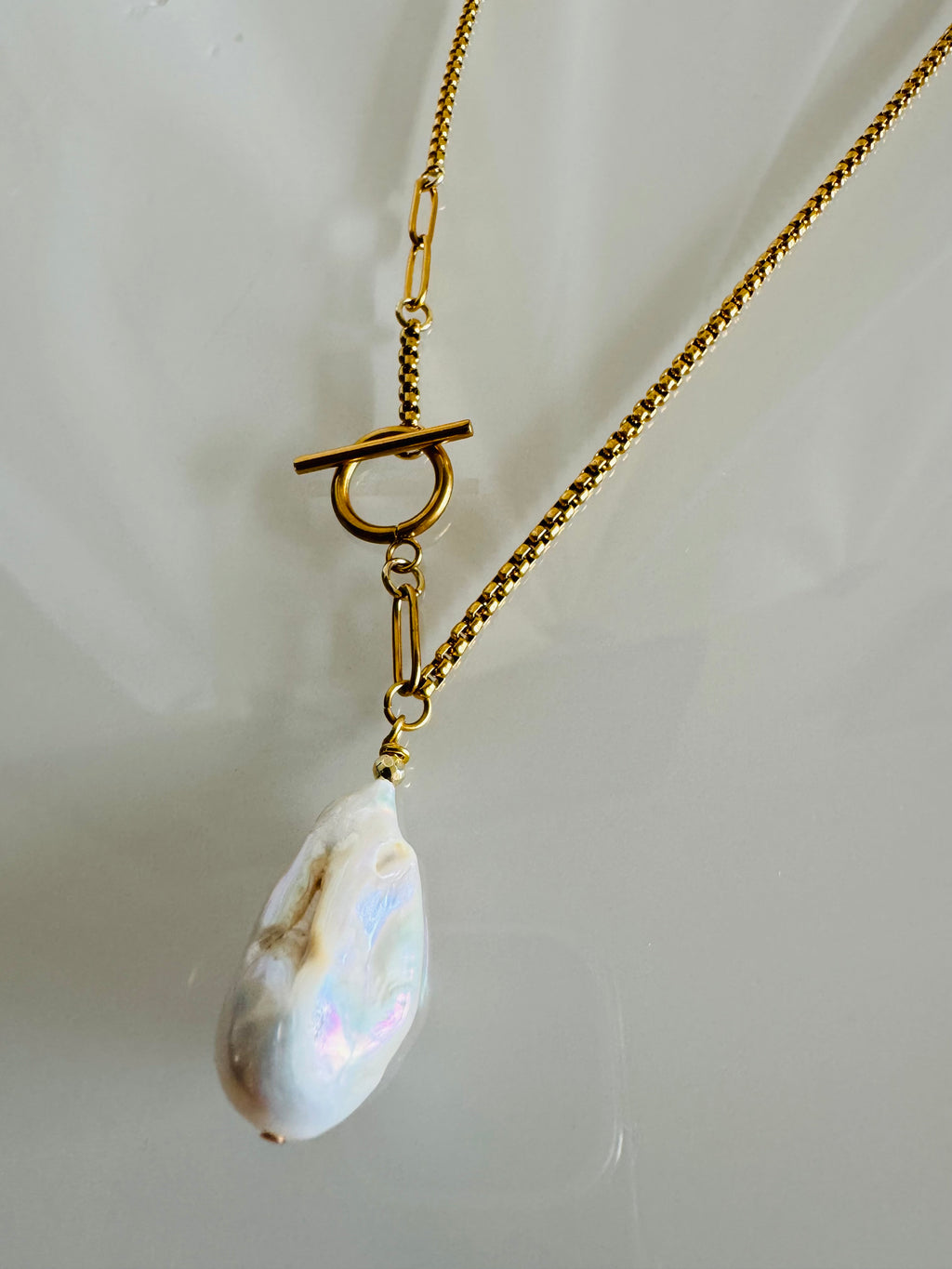 Handmade Baroque Pearl Toggle Necklace, Gold Stainless Steel Chain, Statement Jewellery