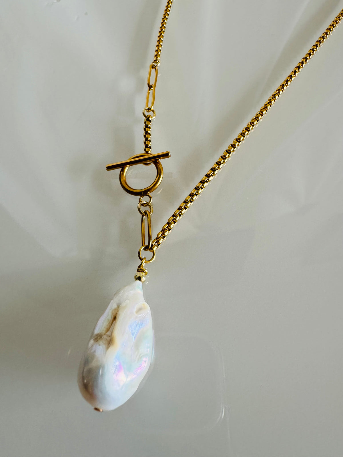 Handmade Baroque Pearl Toggle Necklace, Gold Stainless Steel Chain, Statement Jewellery