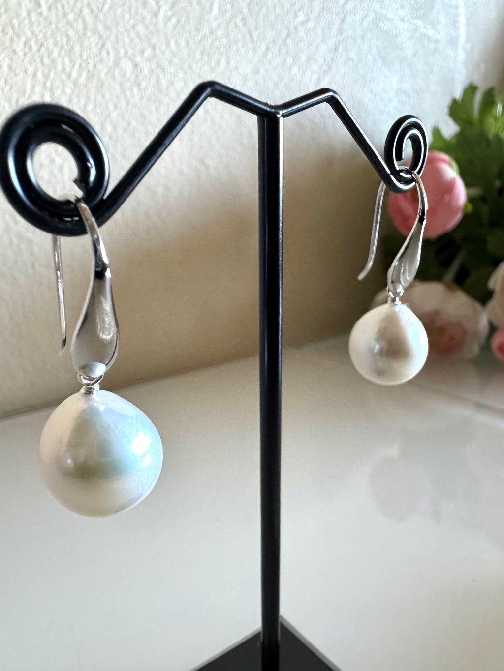 Sterling Silver Semi Round Freshwater Drop Pearl Earrings,Handmade Australia, Gift for Her