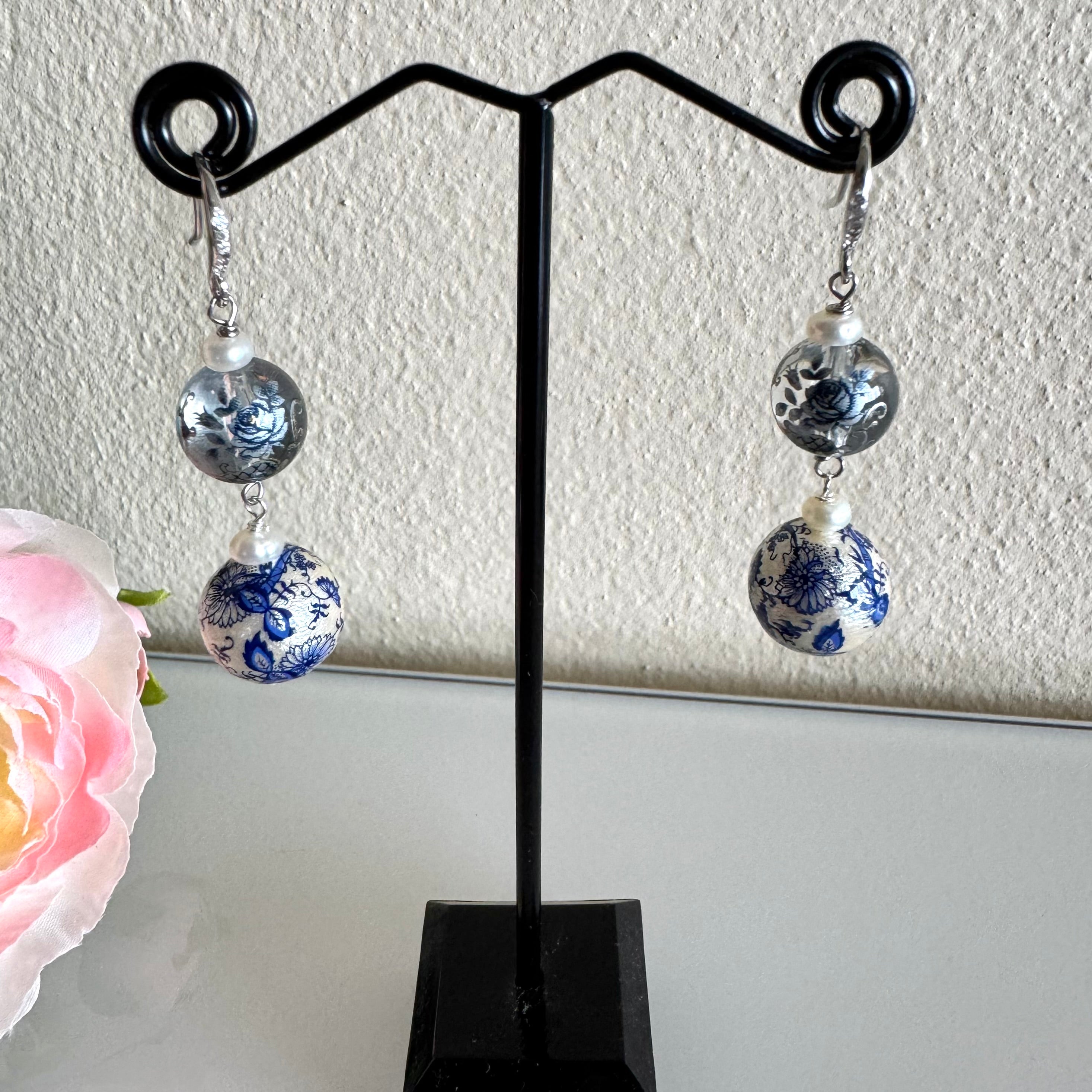 Sterling silver Japanese tensha beads and freshwater pearl earrings