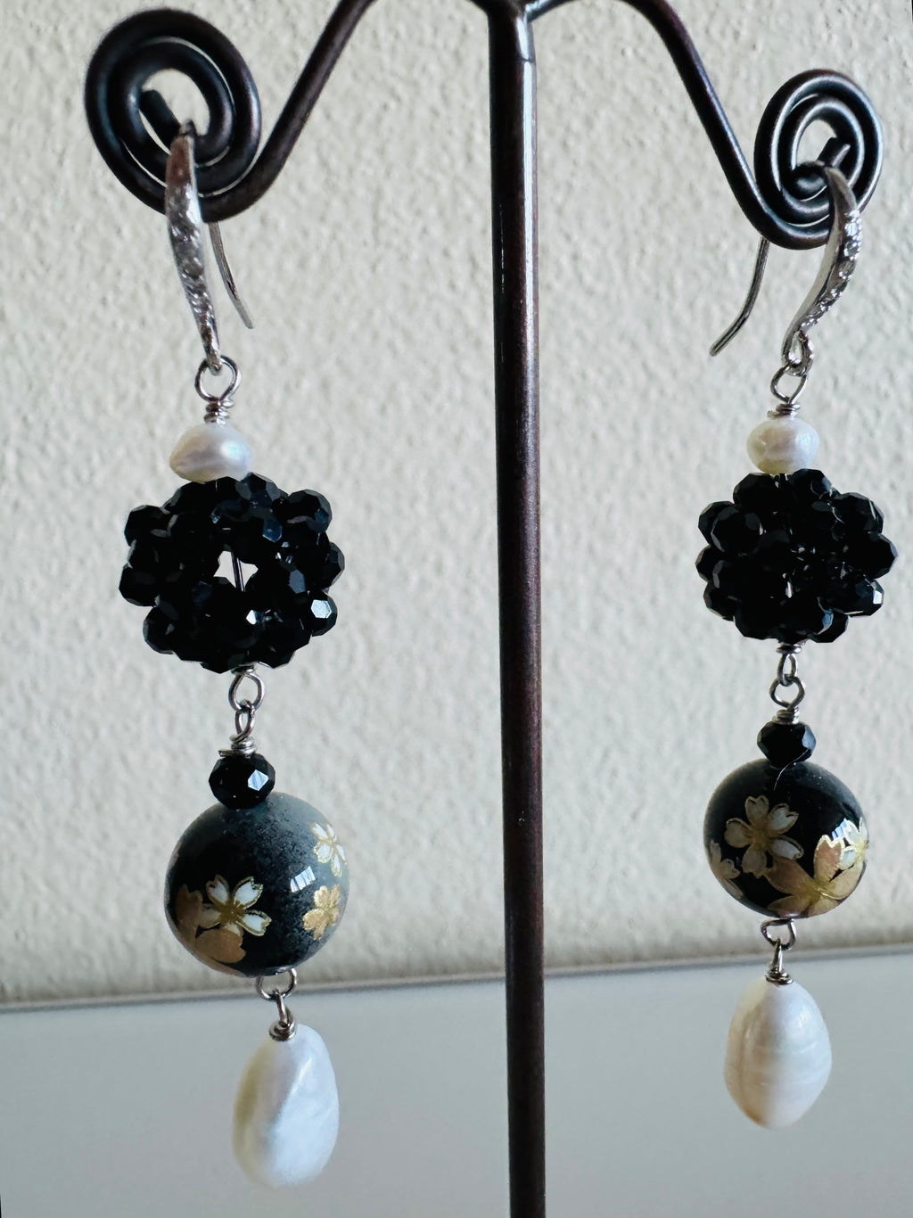 Japanese Tensha Bead Earrings, Sterling Silver Freshwater Pearl Dangle Earrings, Crystal Beads Ball, Handmade Floral Drop Jewellery