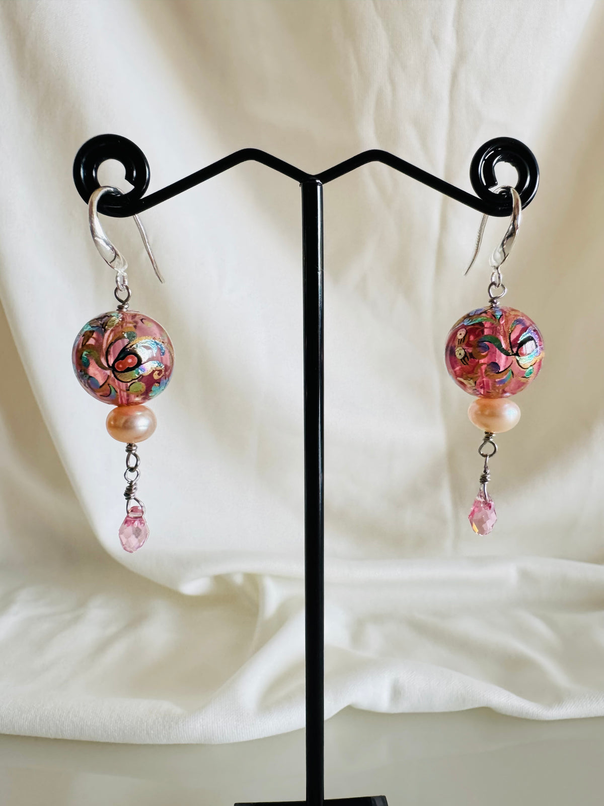 Japanese Tensha Floral Earrings, Pink Pearl Swarovski Crystal Drop, Sterling Silver Hooks