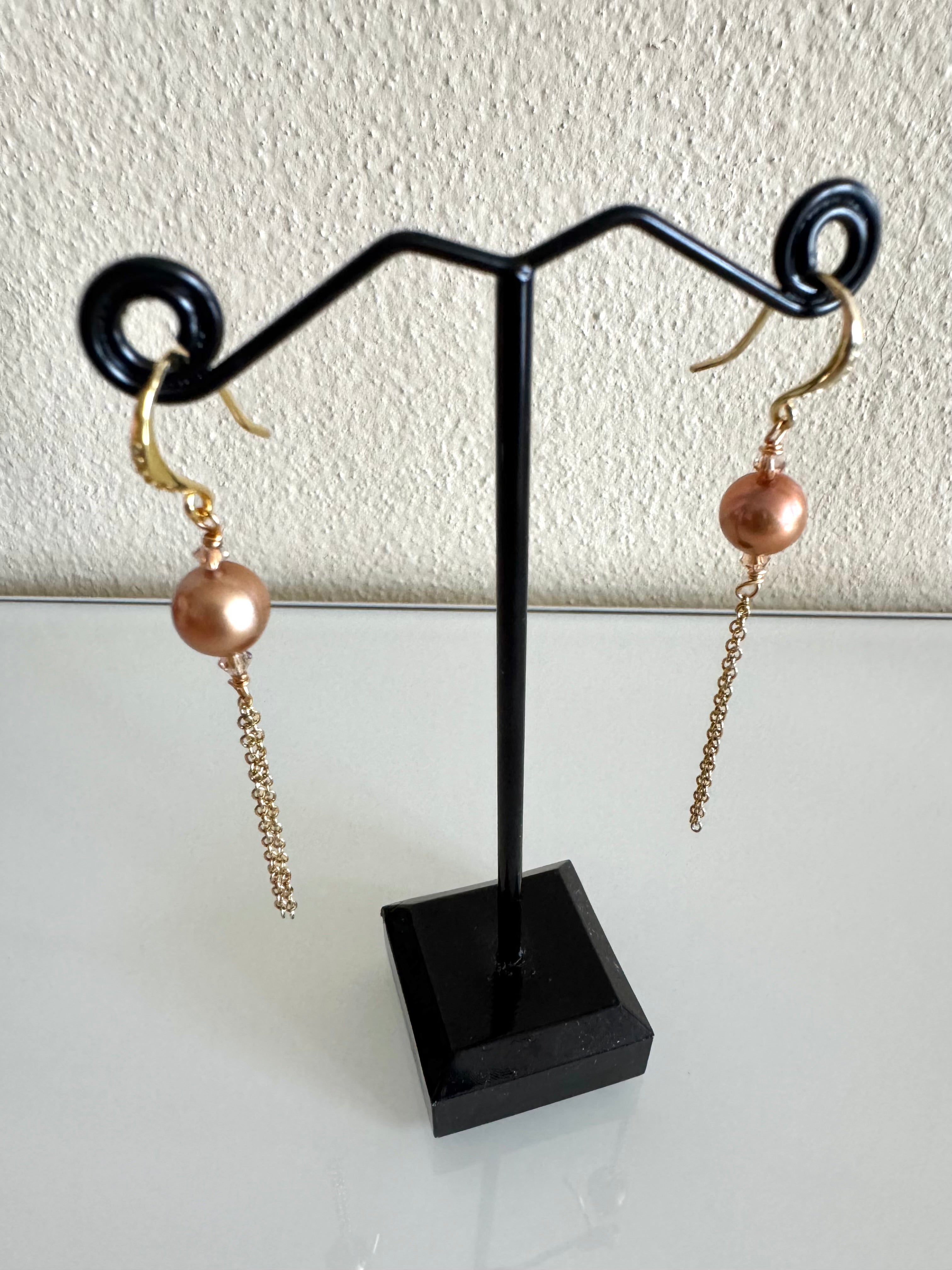 Sterling silver freshwater golden pearl earrings with stainless gold chains