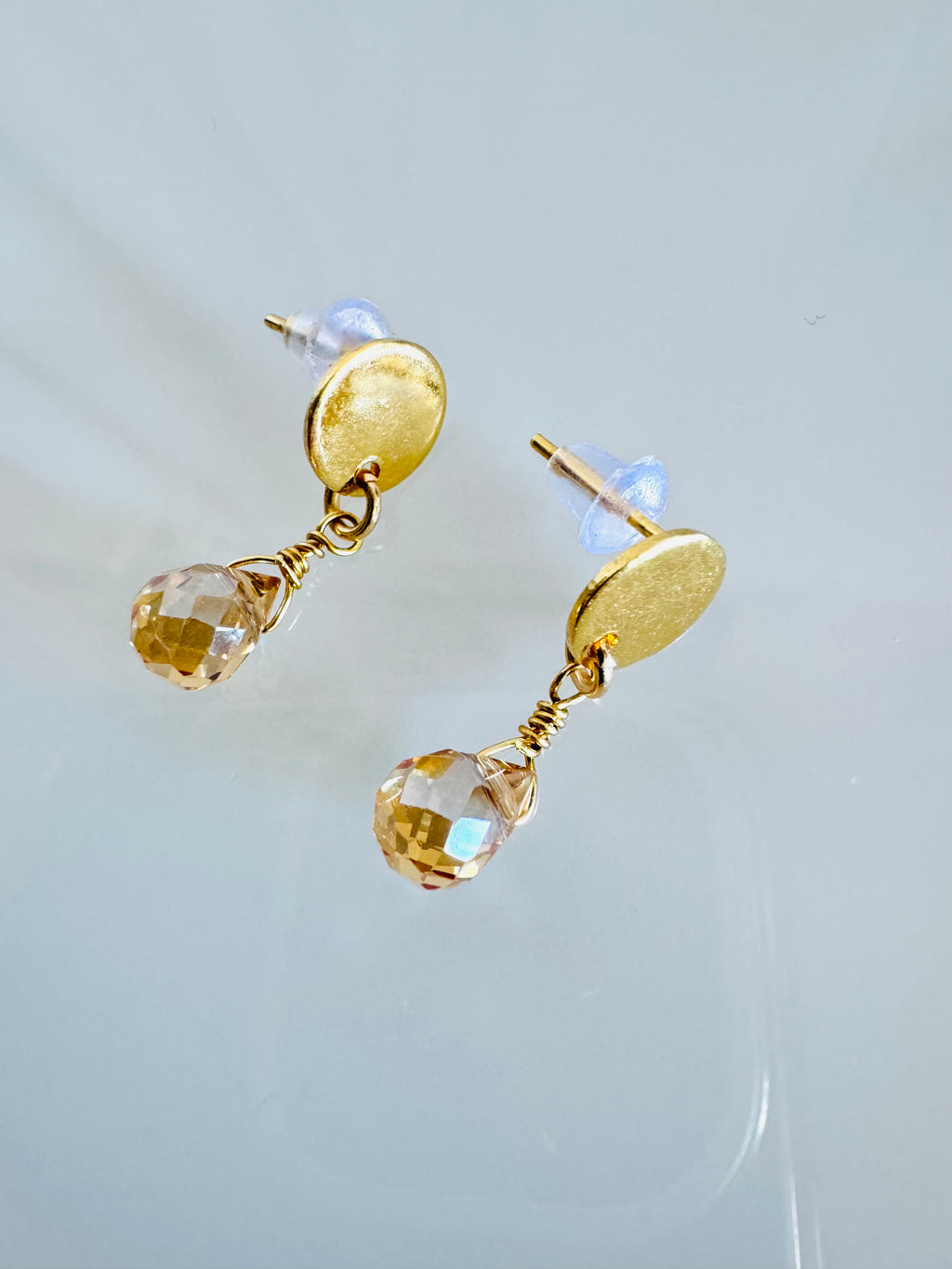 Handmade Golden Crystal Drop Earrings, Surgical Stainless Gold Studs, Lightweight Comfort