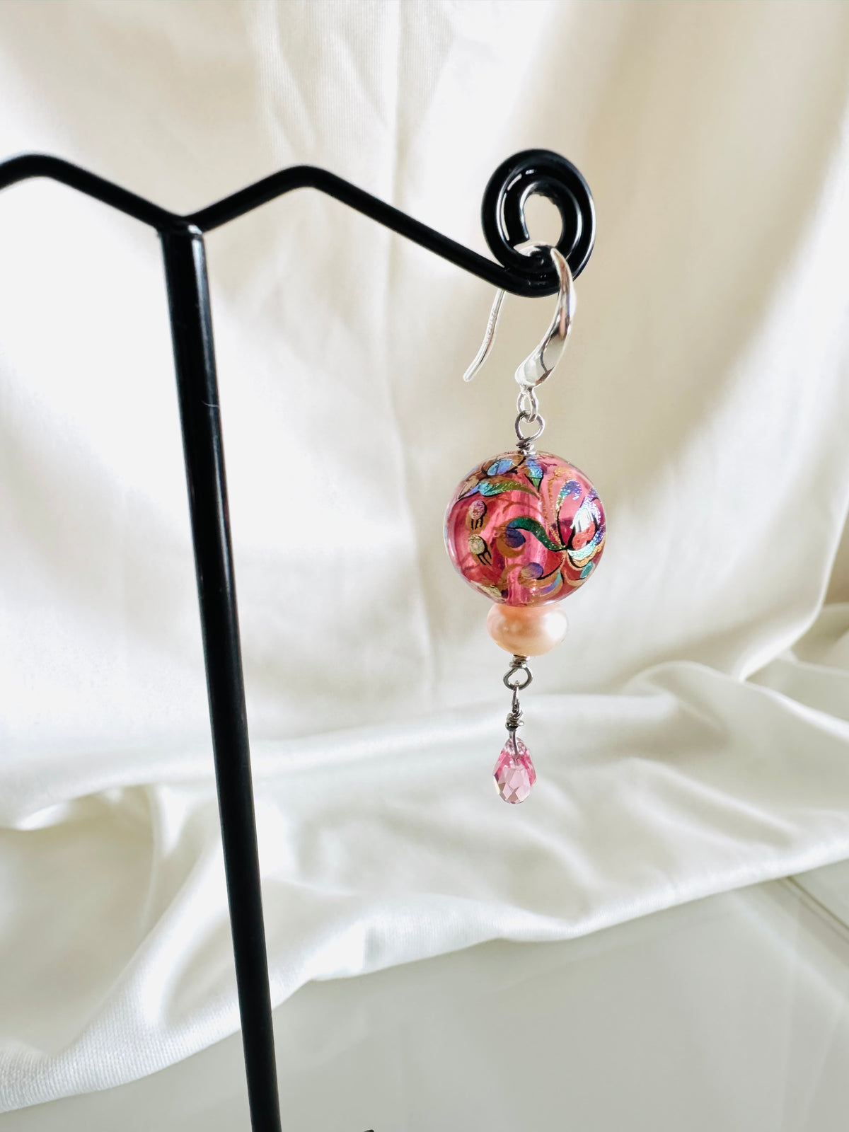 Japanese Tensha Floral Earrings, Pink Pearl Swarovski Crystal Drop, Sterling Silver Hooks