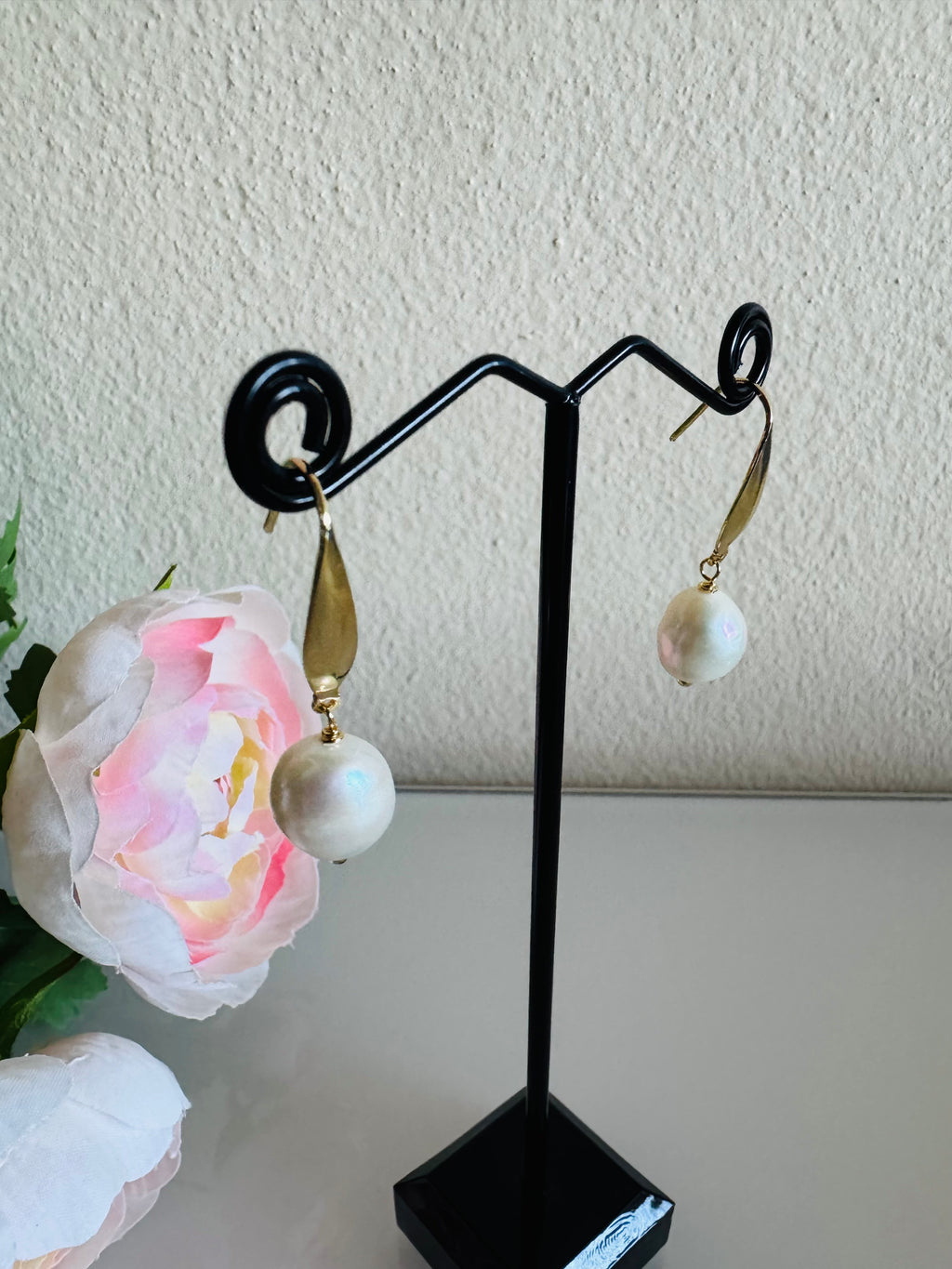 Freshwater Off Round Pearl Drop Earrings, Surgical Stainless Gold Dangle Earrings, Handmade Australian Jewellery, Gift For Her