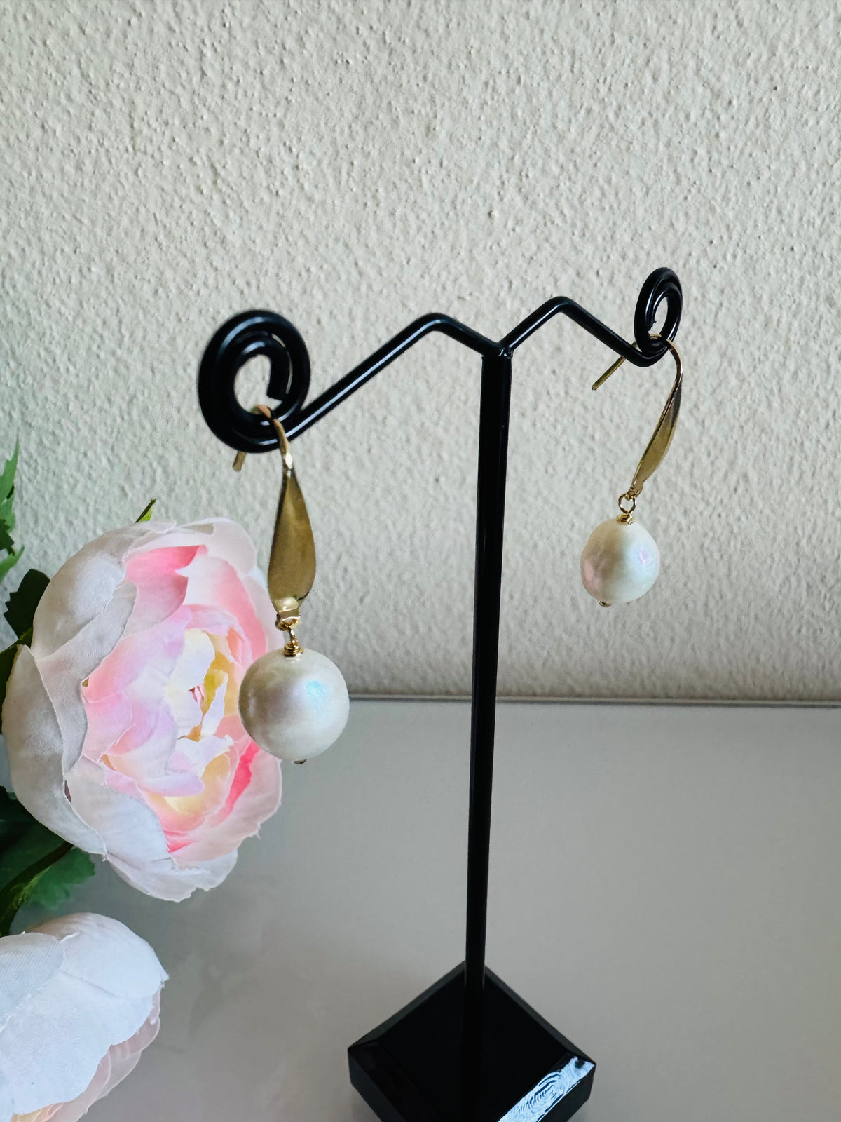 Freshwater Off Round Pearl Drop Earrings, Surgical Stainless Gold Dangle Earrings, Handmade Australian Jewellery, Gift For Her