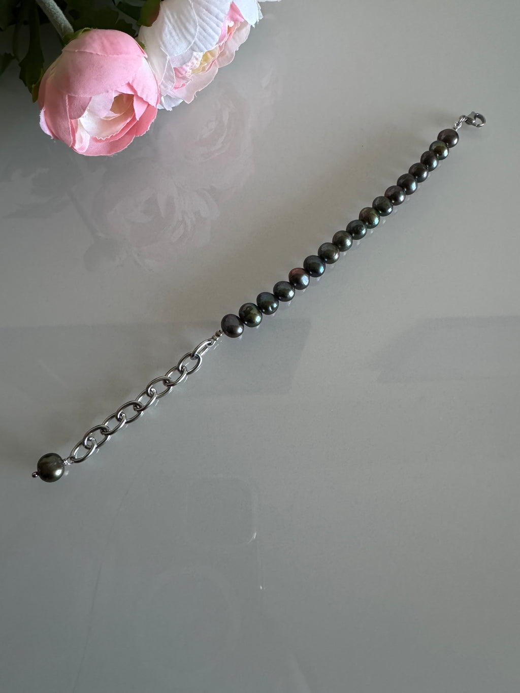 Freshwater Black Pearl Bracelet With Surgical Stainless Chains