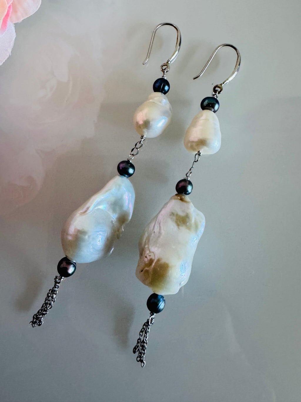 Large Freshwater Pearl Earrings with Sterling Silver Hooks and Surgical Stainless Settings and Chains