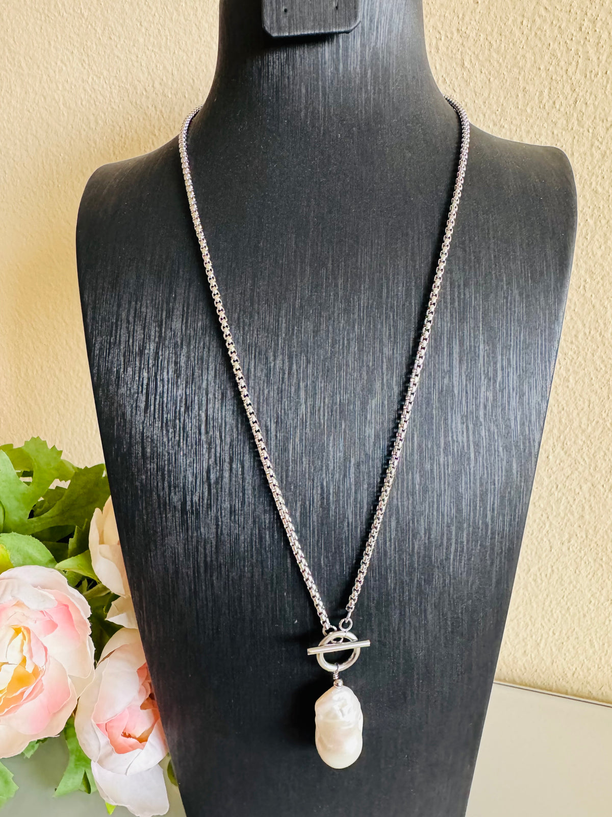 Handmade Freshwater Pearl Dangle Necklace, Surgical Stainless Steel Chain & Toggle, Tarnish Free Waterproof Jewellery, Minimalist