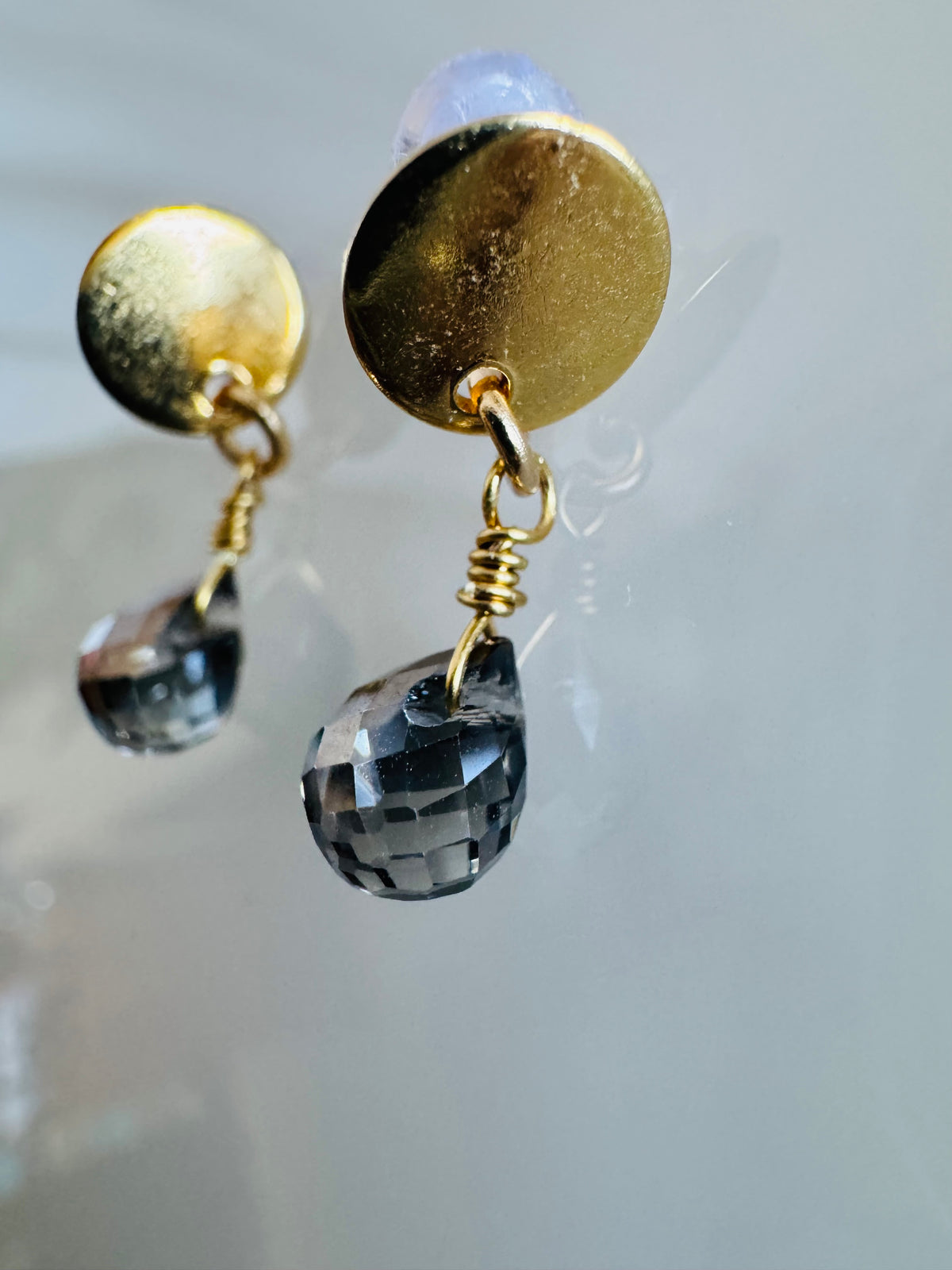 Handmade Dark Grey Crystal Drop Earrings, Surgical Stainless Gold Studs, Lightweight (1.5g)