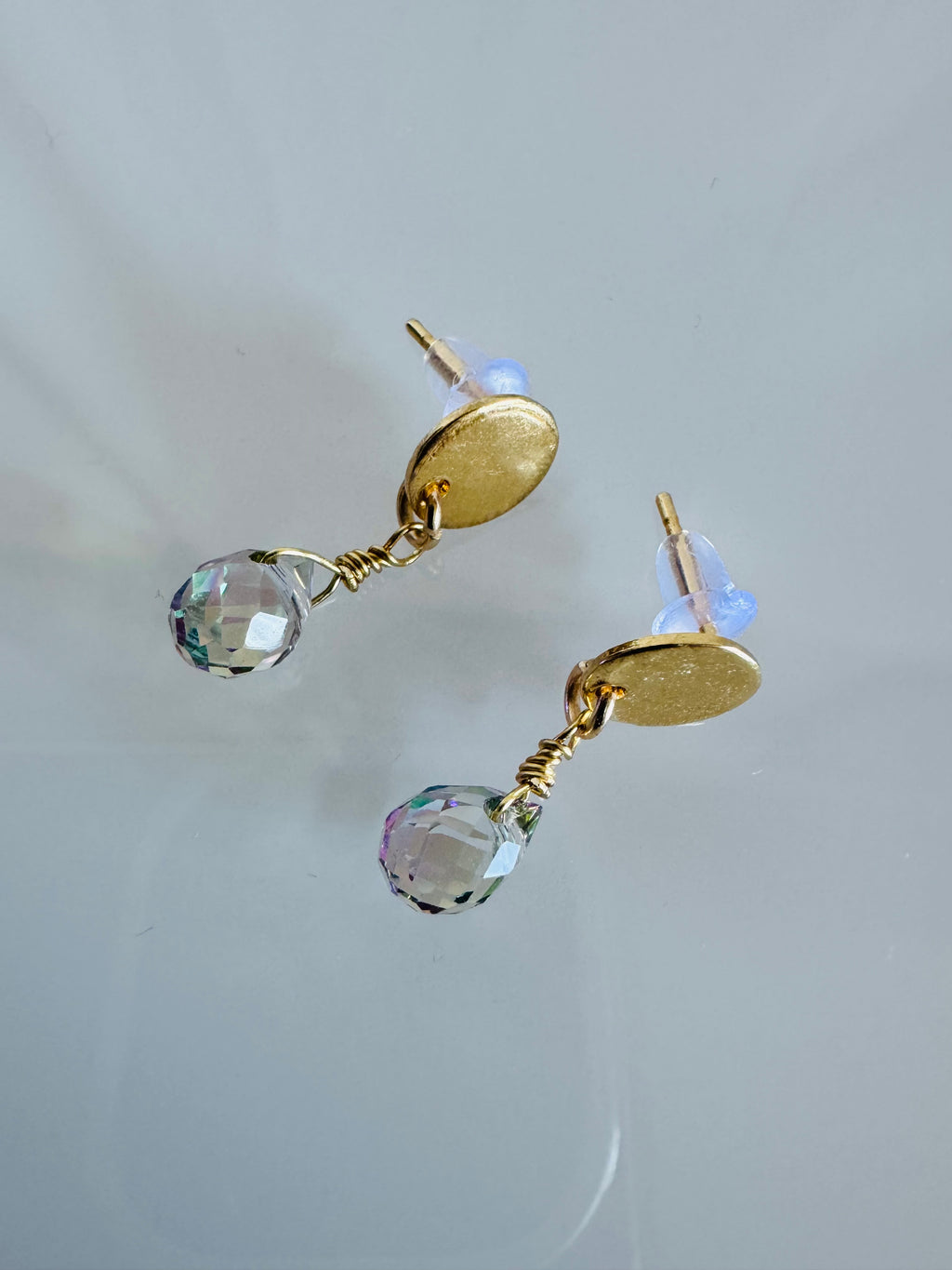 Handmade Crystal Drop Earrings, Green-Purple Briolette, Surgical Stainless Gold Studs (1.5g)