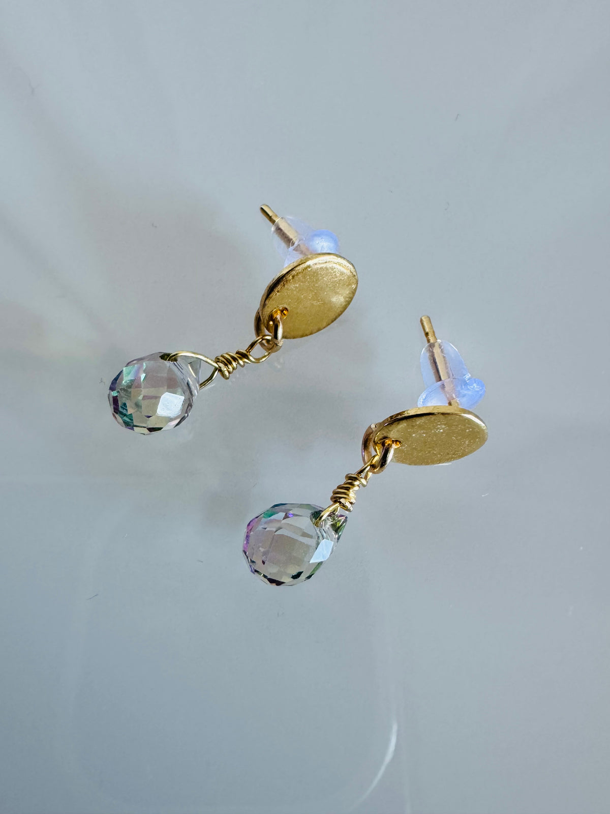 Handmade Crystal Drop Earrings, Green-Purple Briolette, Surgical Stainless Gold Studs (1.5g)