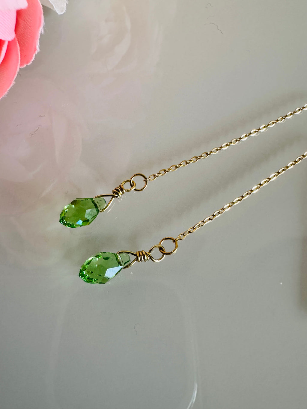 Swarovski Crystal Drop Earrings, Surgical Stainless Gold Dangle Chain Earrings, Handmade Australian Jewellery, Peridot Green Colour