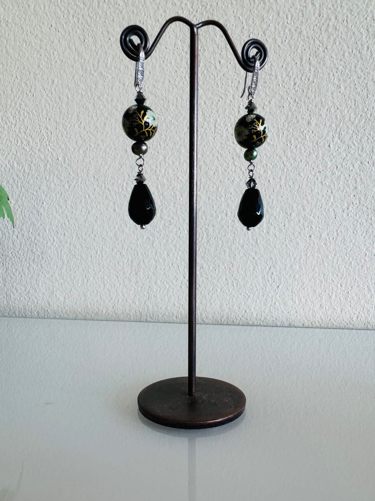 Japanese Tensha Bead & Onyx Earrings, Sterling Silver Freshwater Black Pearl Dangle Earrings, Swarovski Crystal, Handmade Australia
