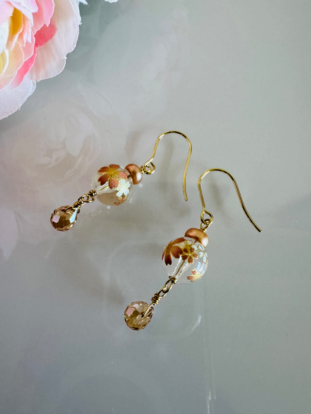 Japanese Tensha Beads and Crystal Earrings with Surgical Gold Stainless Settings