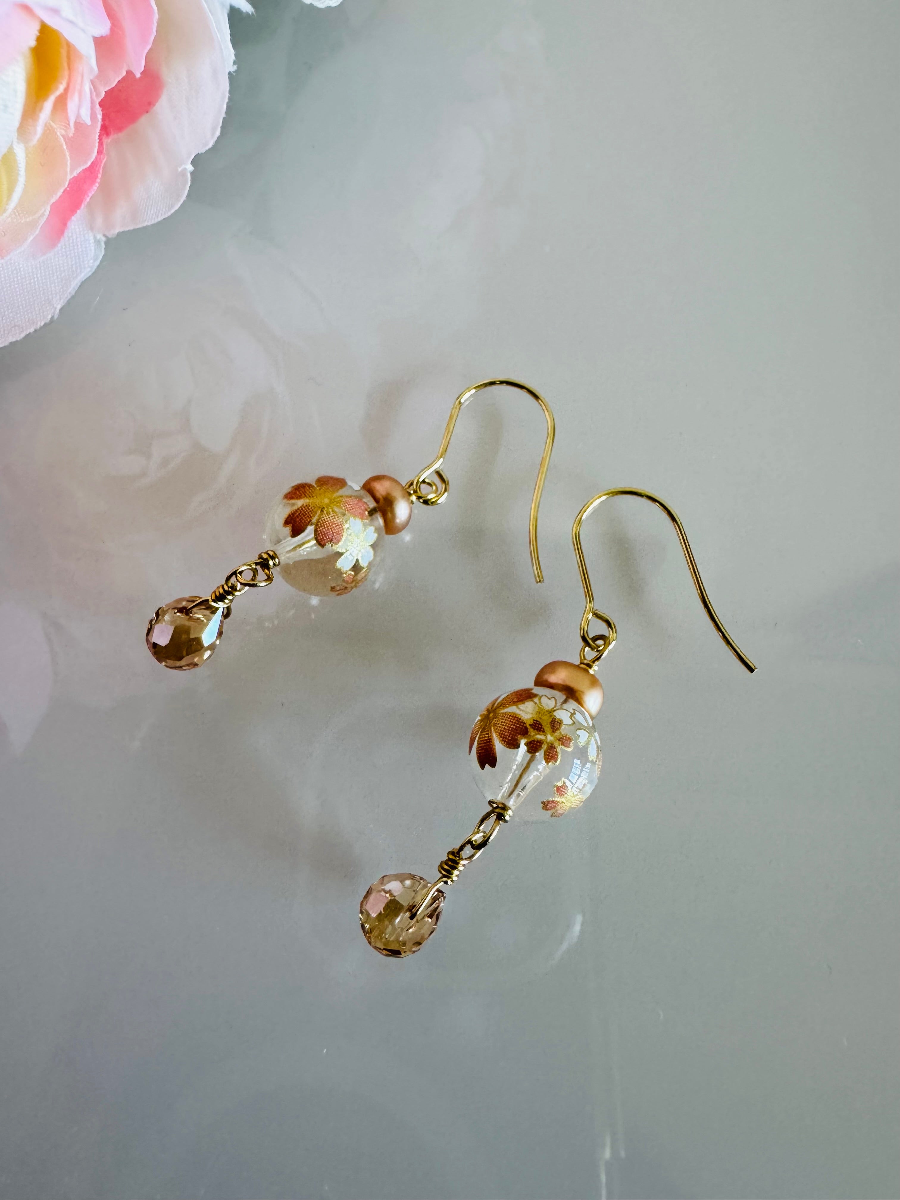 Japanese Tensha Beads and Crystal Earrings with Surgical Gold Stainless Settings