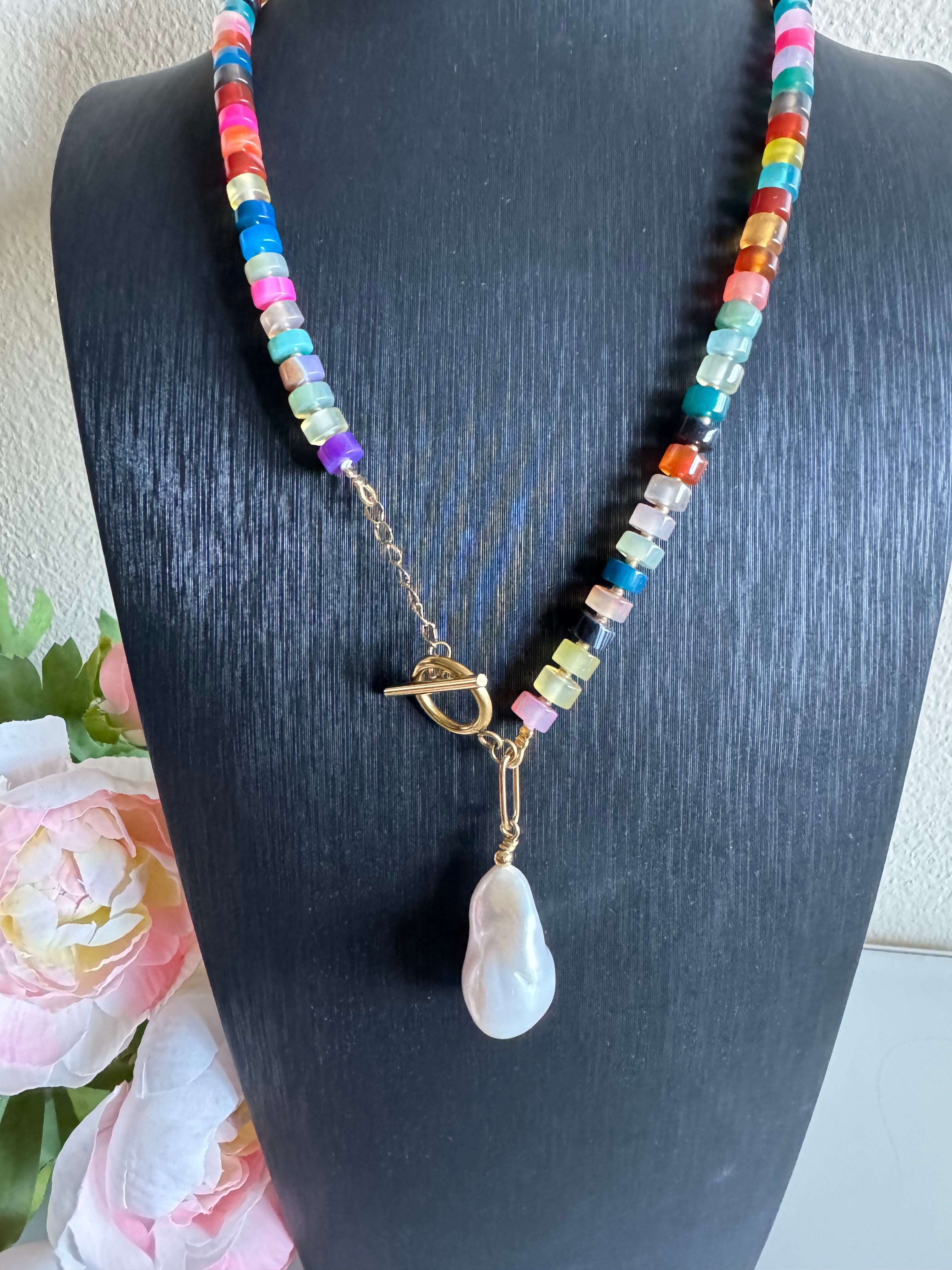 Multiple colours agate and natural freshwater baroque pearl necklace with stainless gold clasps(Tarnish free & waterproof)