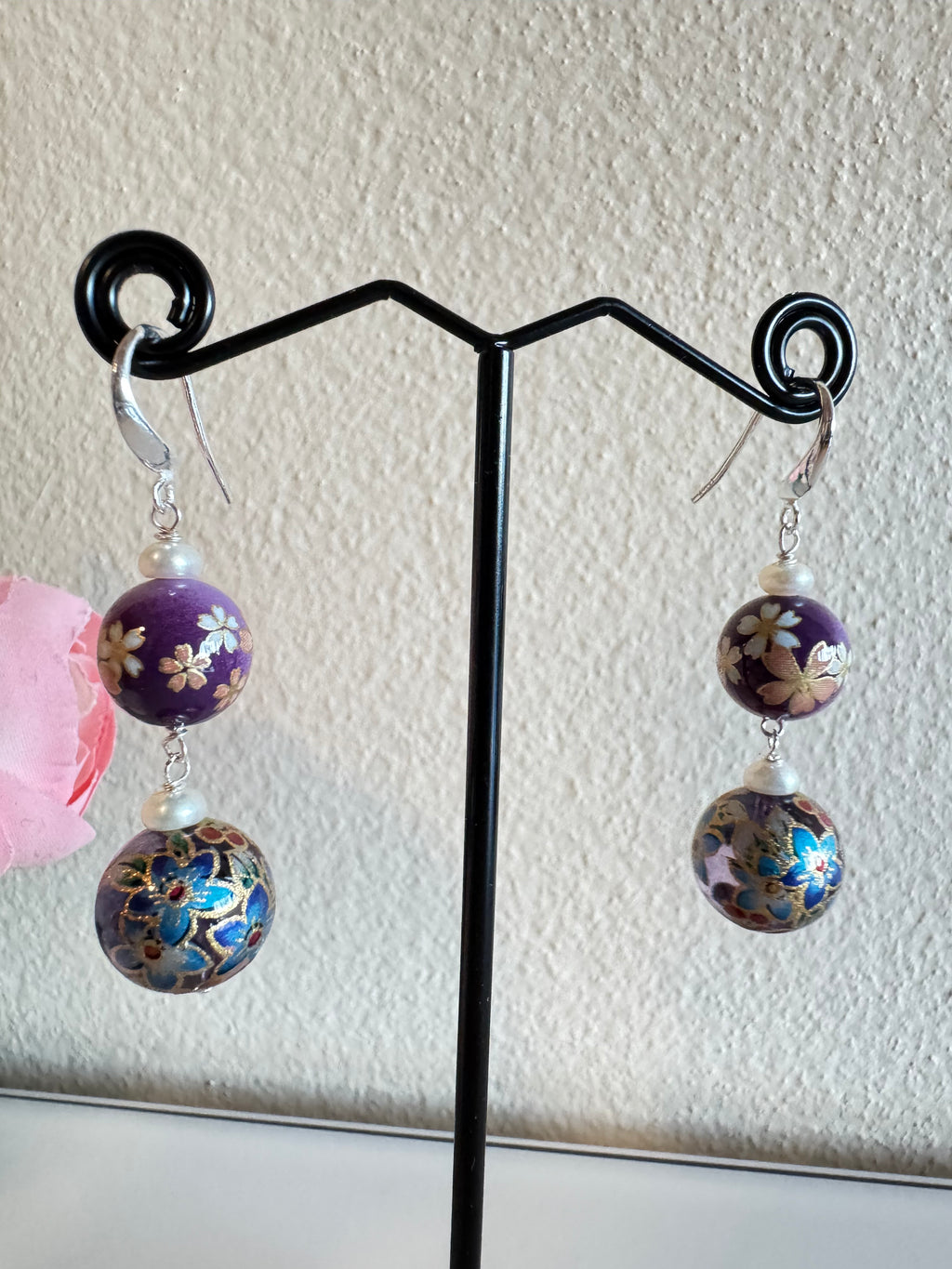 Sterling silver Japanese tensha beads and freshwater pearl earrings