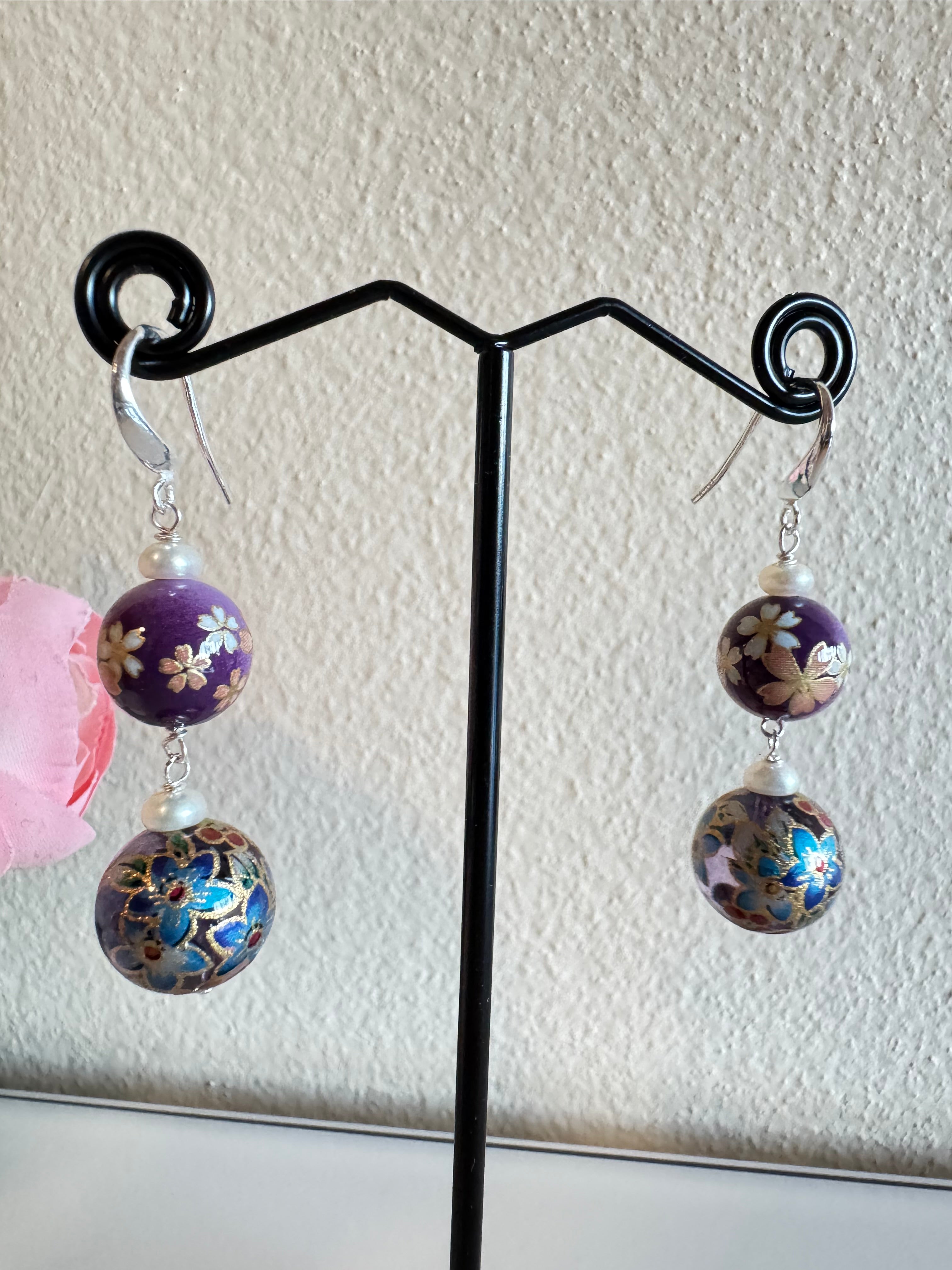 Sterling silver Japanese tensha beads and freshwater pearl earrings