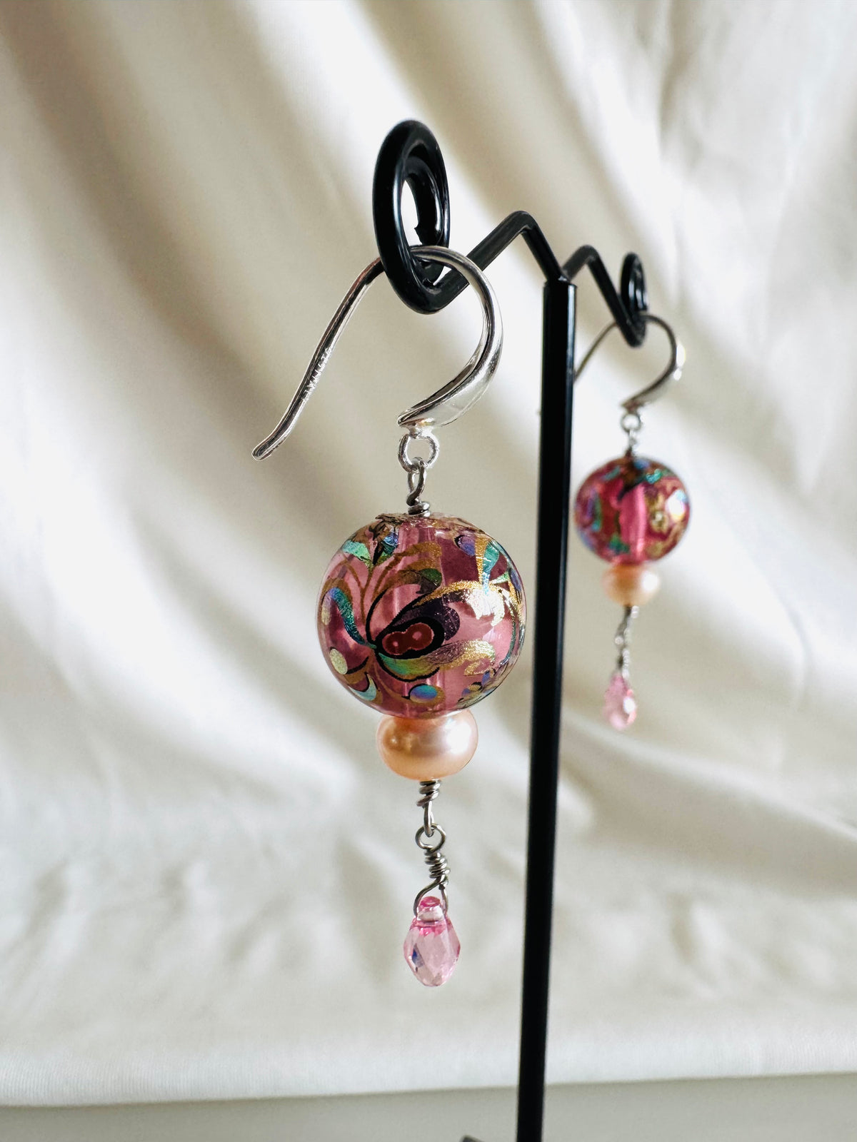 Japanese Tensha Floral Earrings, Pink Pearl Swarovski Crystal Drop, Sterling Silver Hooks