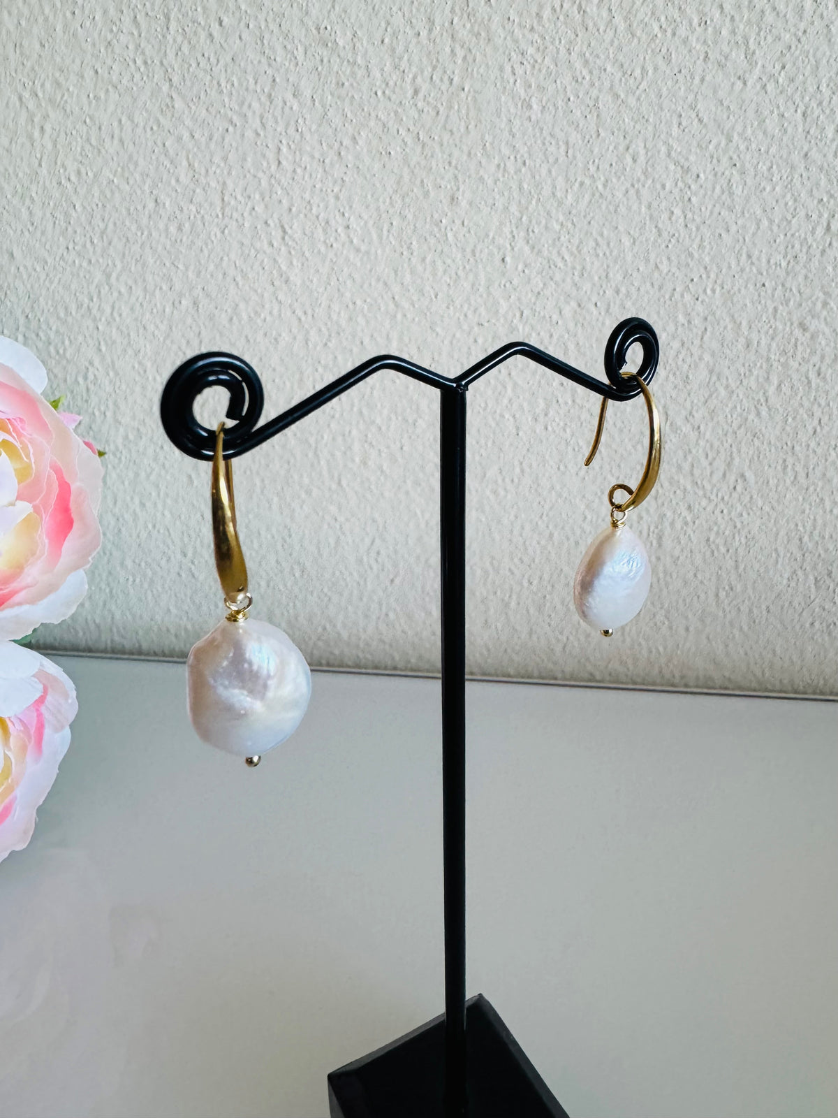Freshwater Coin Shape Baroque Pearl Drop Earrings, Surgical Stainless Gold Dangle Earrings, Handmade Australian Jewellery, Gift For Her