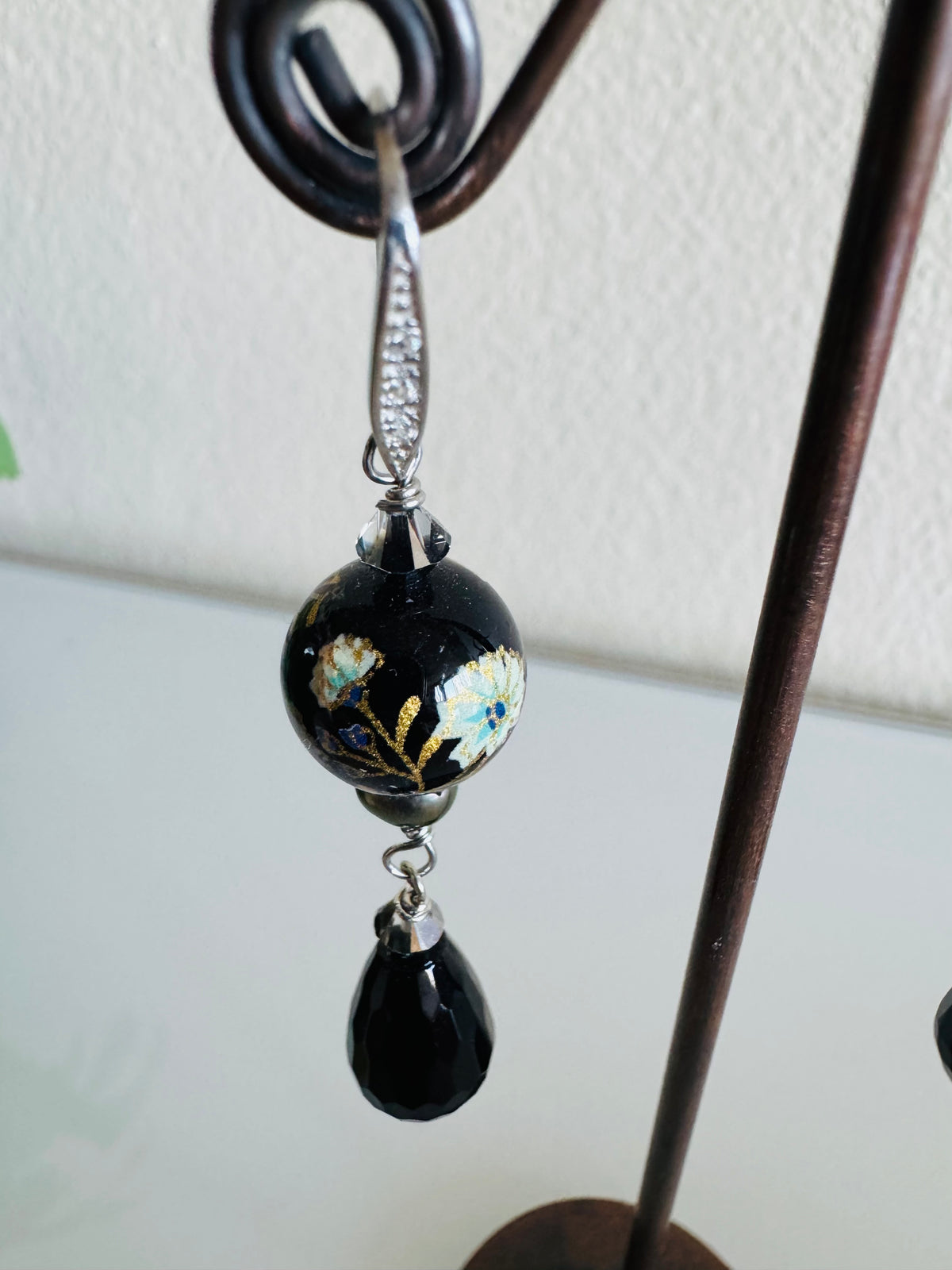 Japanese Tensha Bead & Onyx Earrings, Sterling Silver Freshwater Black Pearl Dangle Earrings, Swarovski Crystal, Handmade Australia