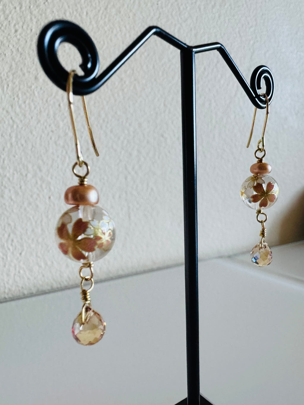 Japanese Tensha Beads and Crystal Earrings with Surgical Gold Stainless Settings