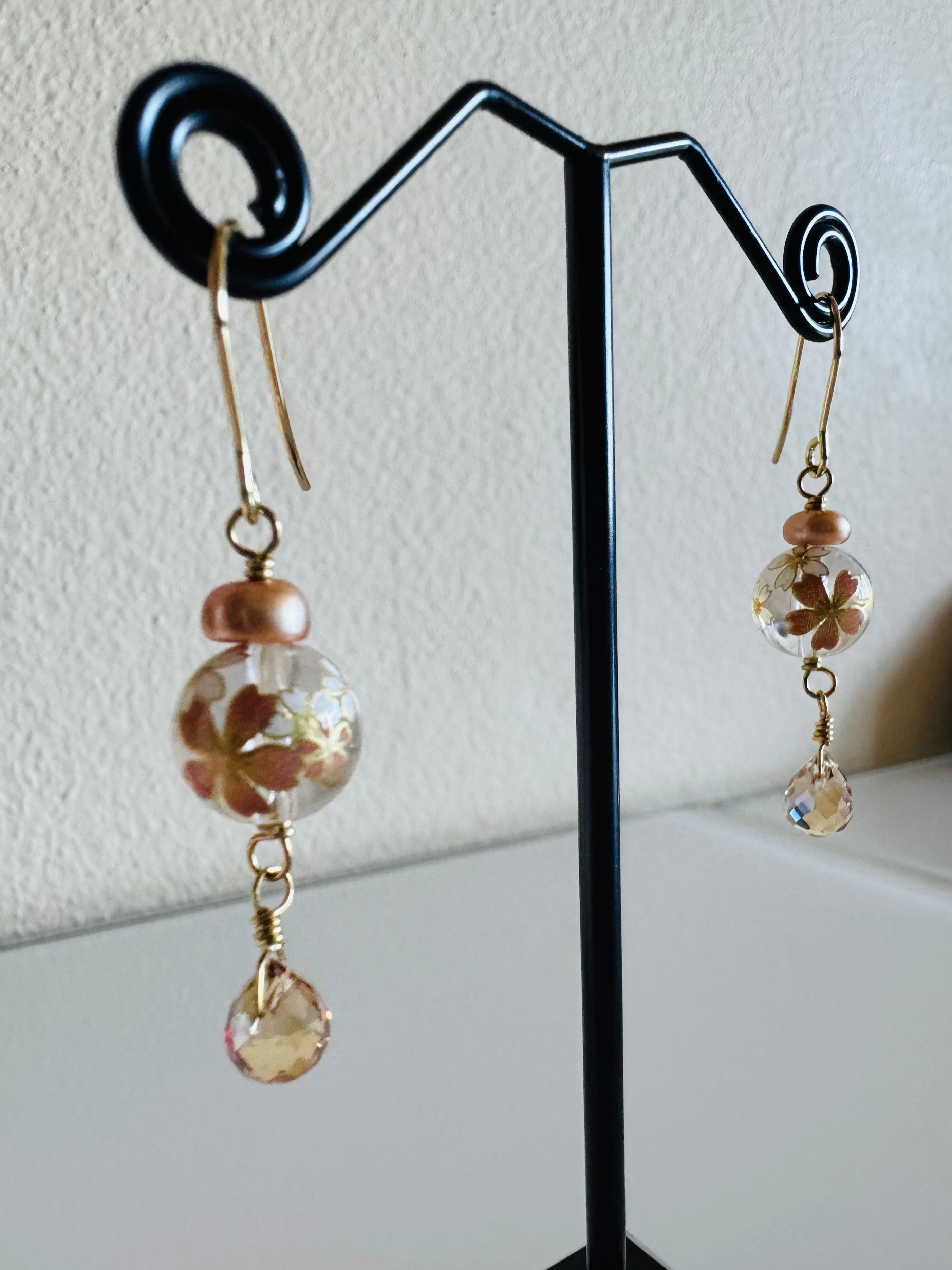 Japanese Tensha Beads and Crystal Earrings with Surgical Gold Stainless Settings