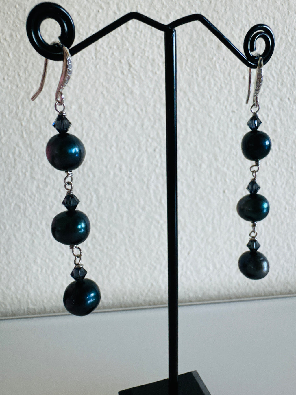 Black Freshwater Off Round Pearl Drop Trilogy Earrings With 925 Silver Hooks, Swarovski Crystals, Dangle Earrings, Anniversary Gift,