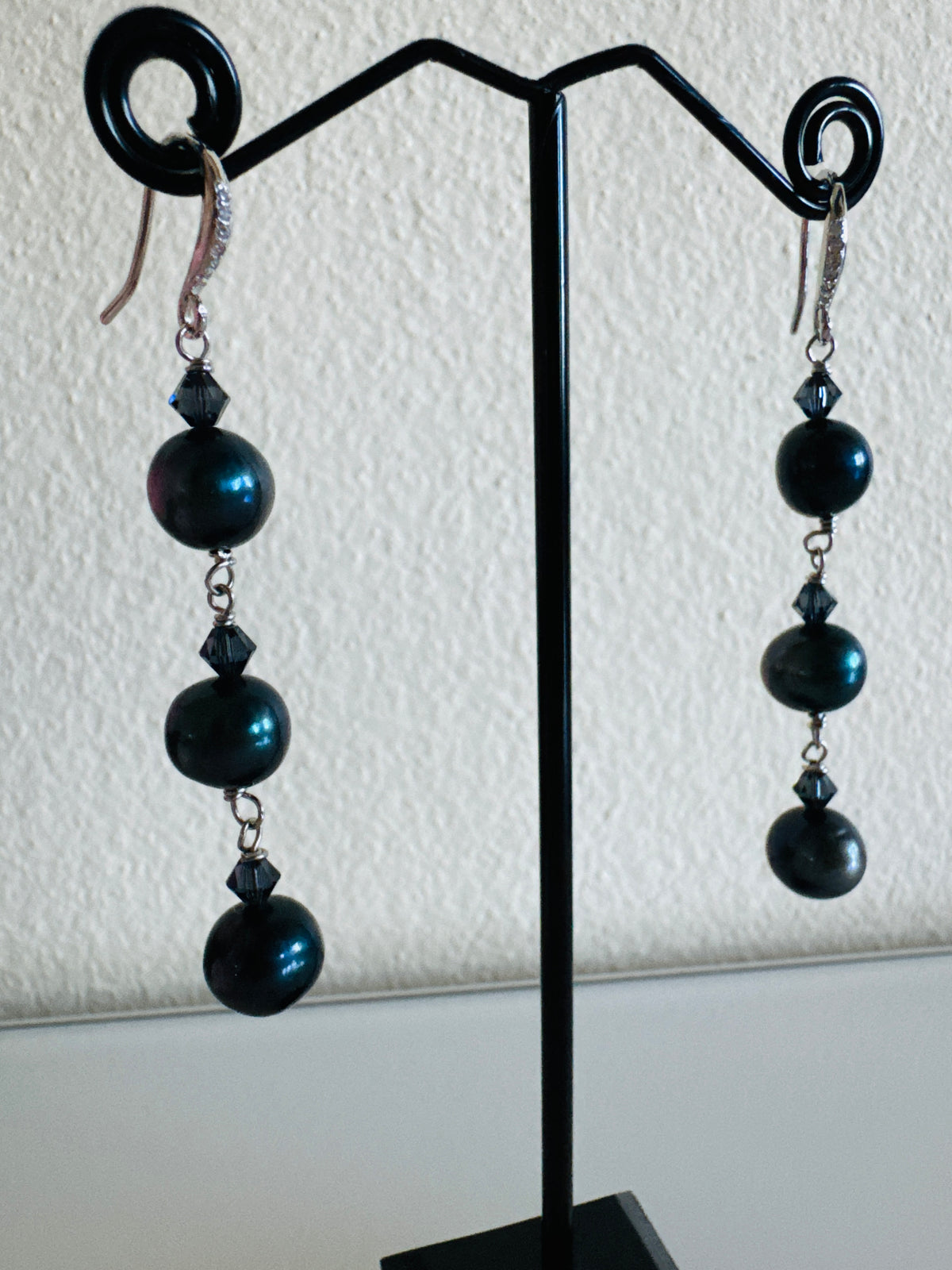 Black Freshwater Off Round Pearl Drop Trilogy Earrings With 925 Silver Hooks, Swarovski Crystals, Dangle Earrings, Anniversary Gift,