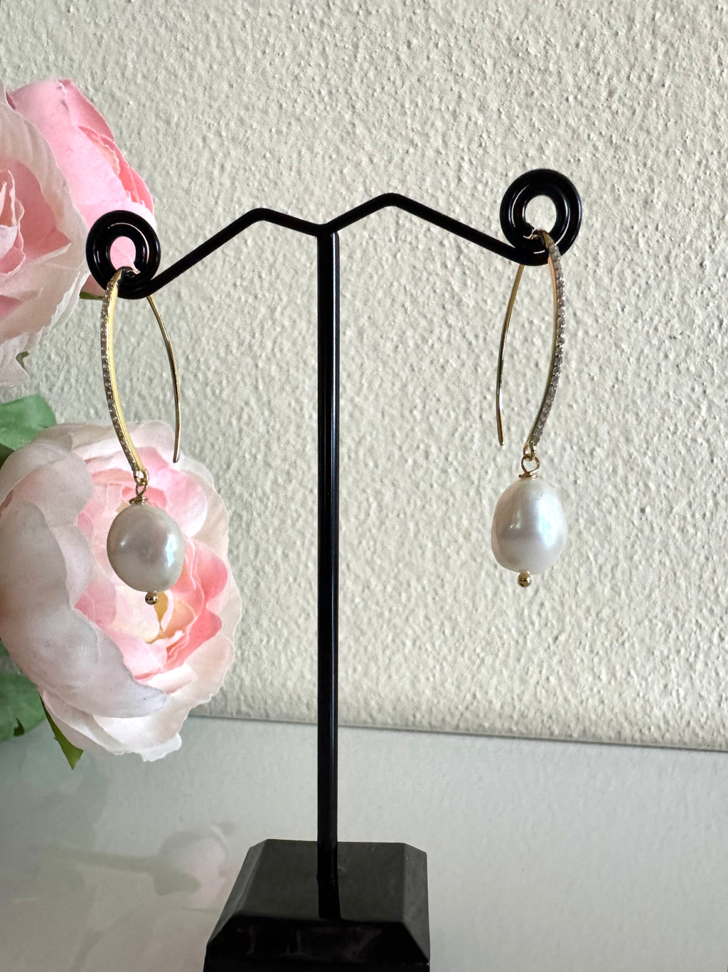 Freshwater semi baroque pearl earrings with sterling silver gold plated earring hooks