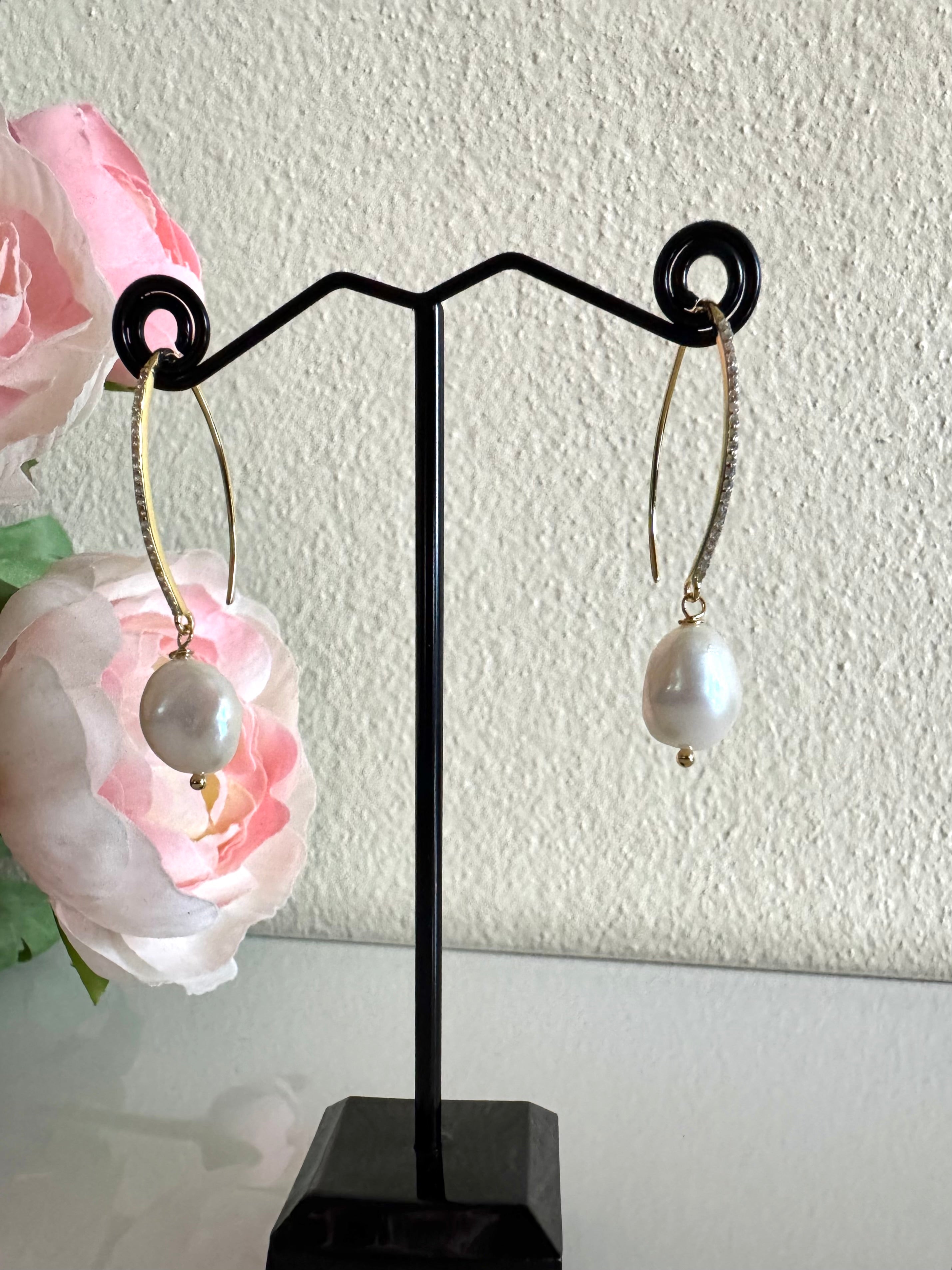 Freshwater semi baroque pearl earrings with sterling silver gold plated earring hooks