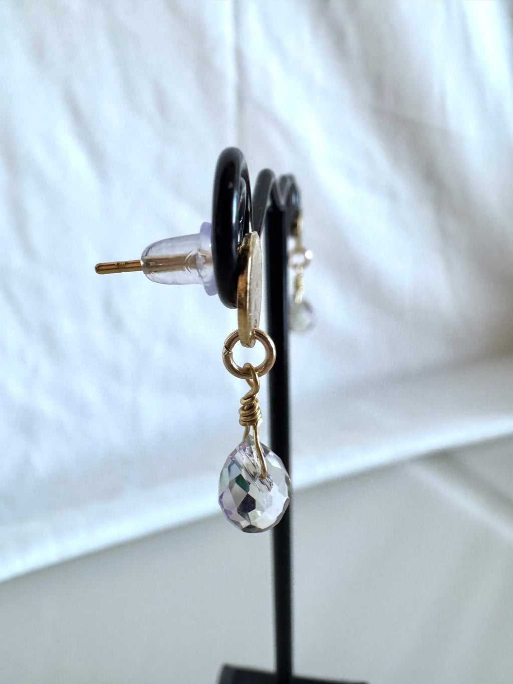 Handmade Crystal Drop Earrings, Green-Purple Briolette, Surgical Stainless Gold Studs (1.5g)