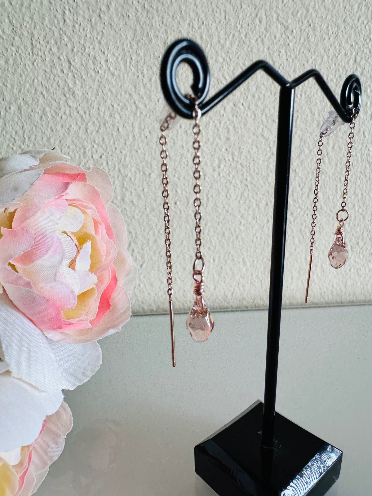 Swarovski Crystal Drop Earrings, Surgical Stainless Rose Gold Dangle Chain Earrings, Handmade Australian Jewellery, Rosegold pink Colour