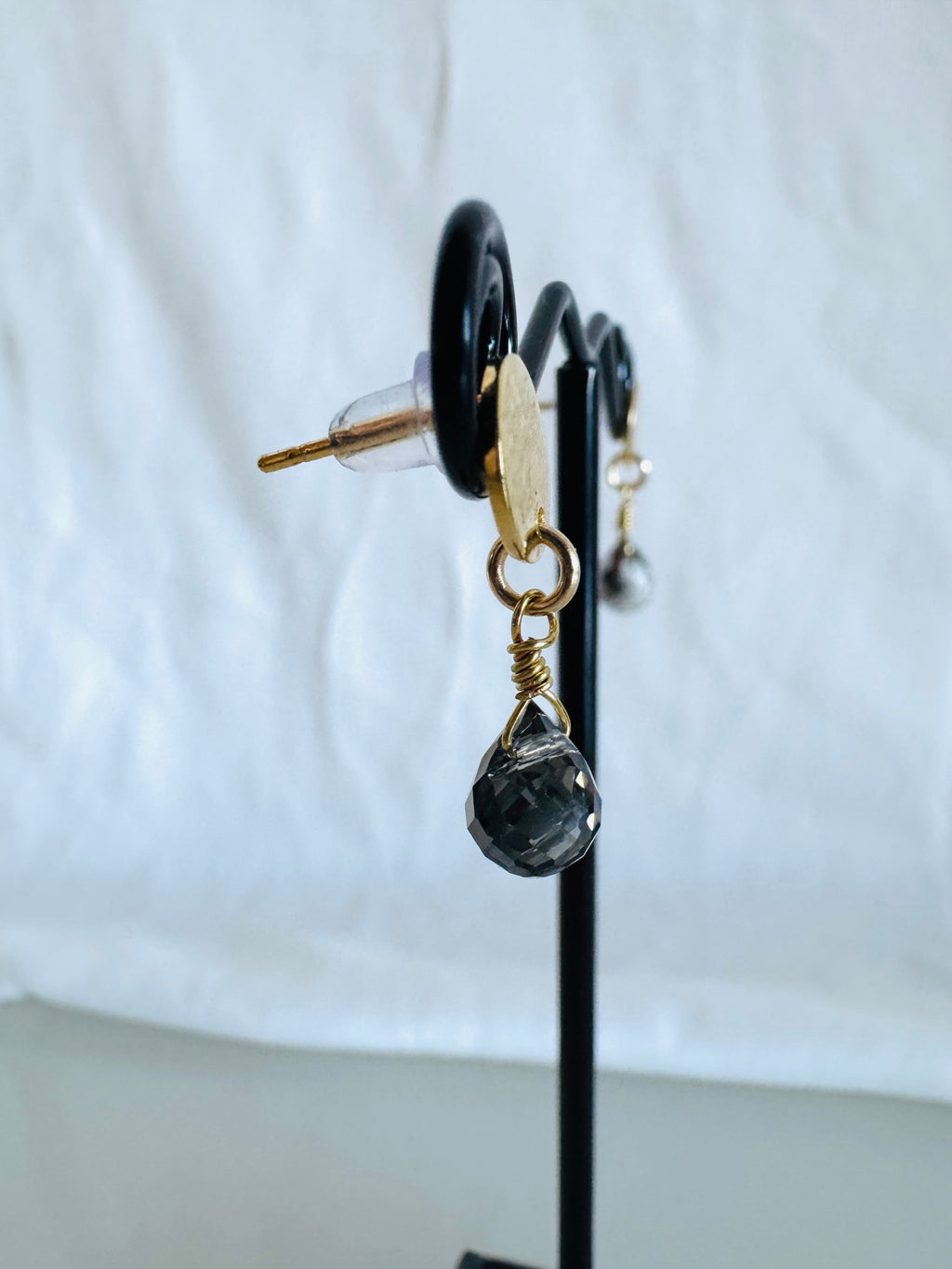 Handmade Dark Grey Crystal Drop Earrings, Surgical Stainless Gold Studs, Lightweight (1.5g)
