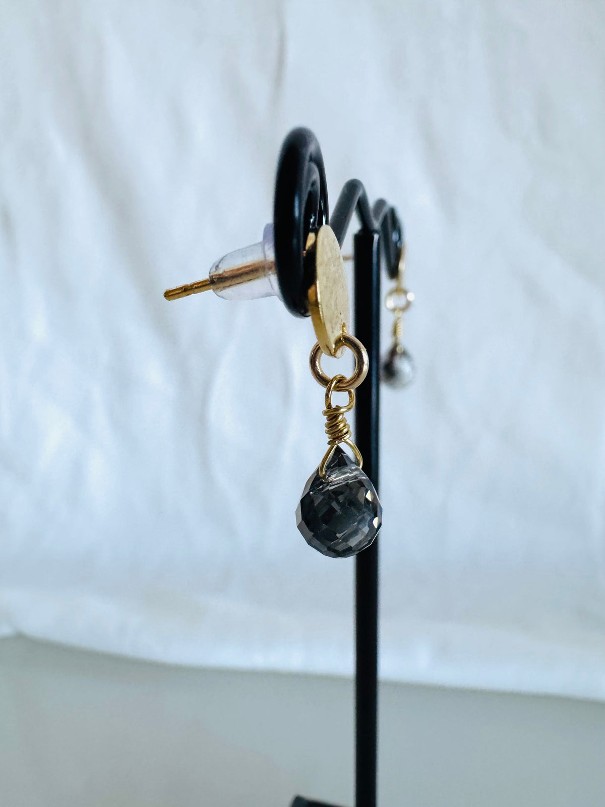 Handmade Dark Grey Crystal Drop Earrings, Surgical Stainless Gold Studs, Lightweight (1.5g)