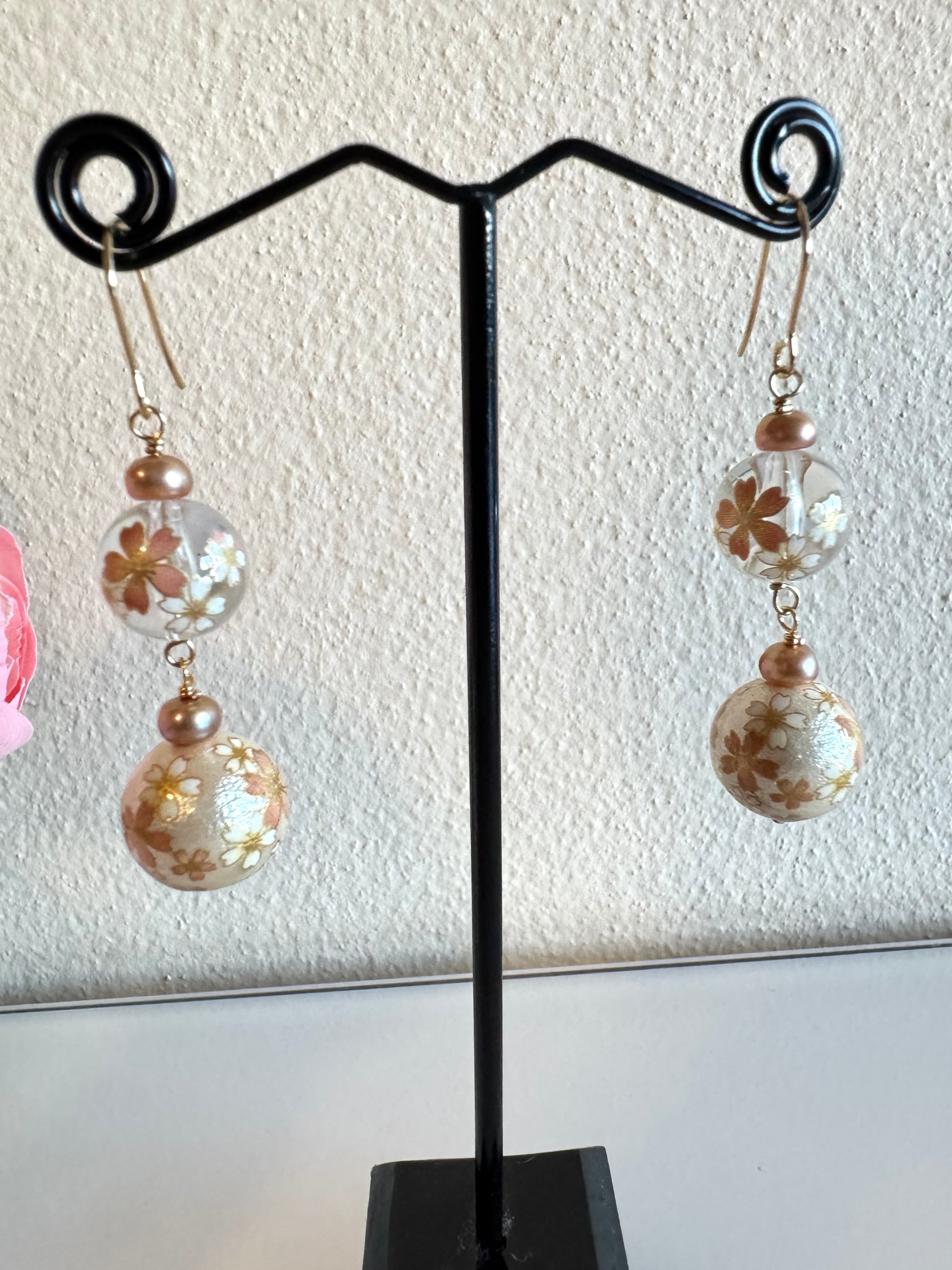 Japanese tensha beads and freshwater golden pearl earrings with surgical stainless gold hooks