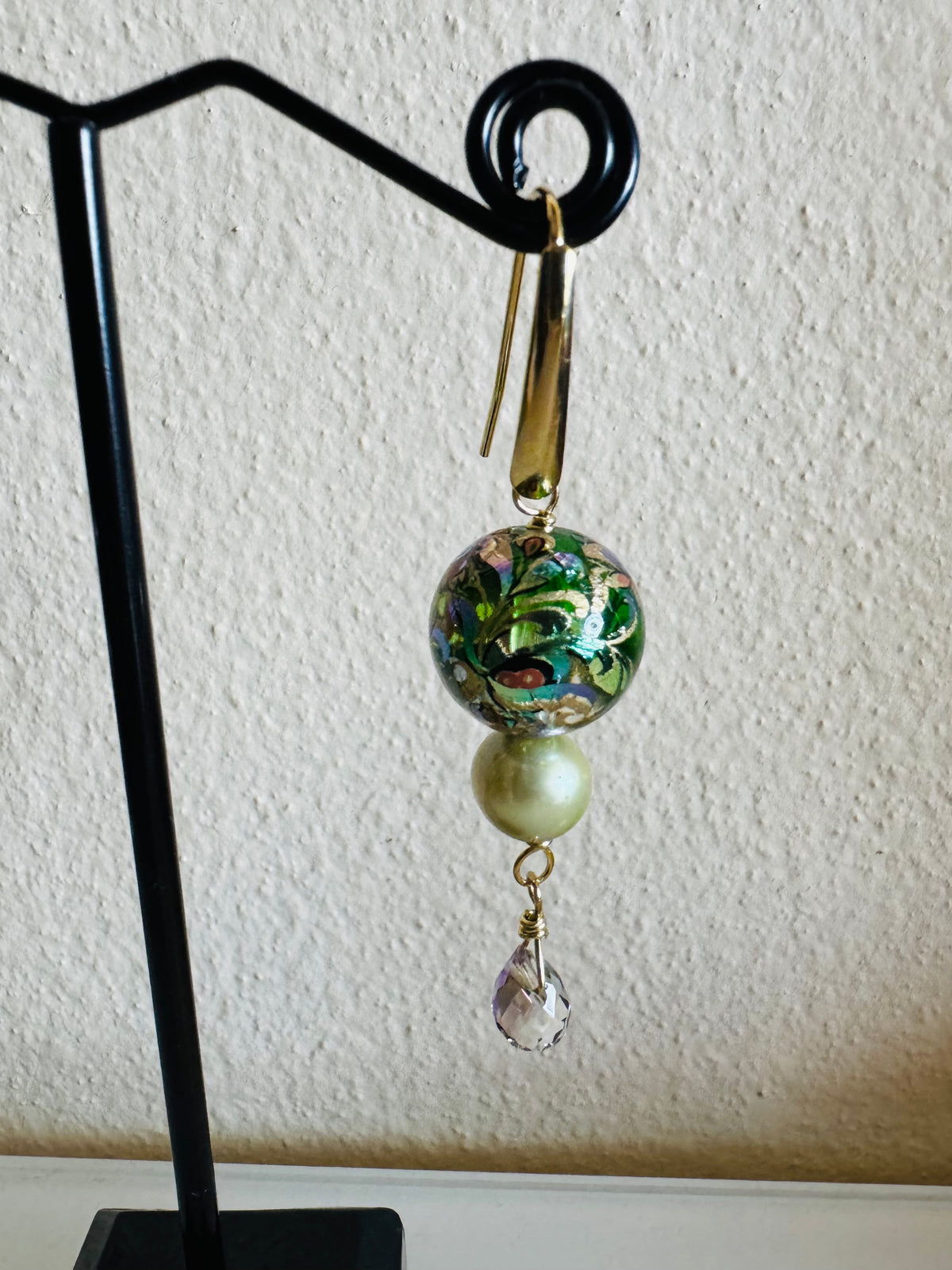Japanese Tensha Beads Green Freshwater Pearl Round and Crystal Drop Earrings with Surgical Golden Stainless Hooks, Tarnish Free