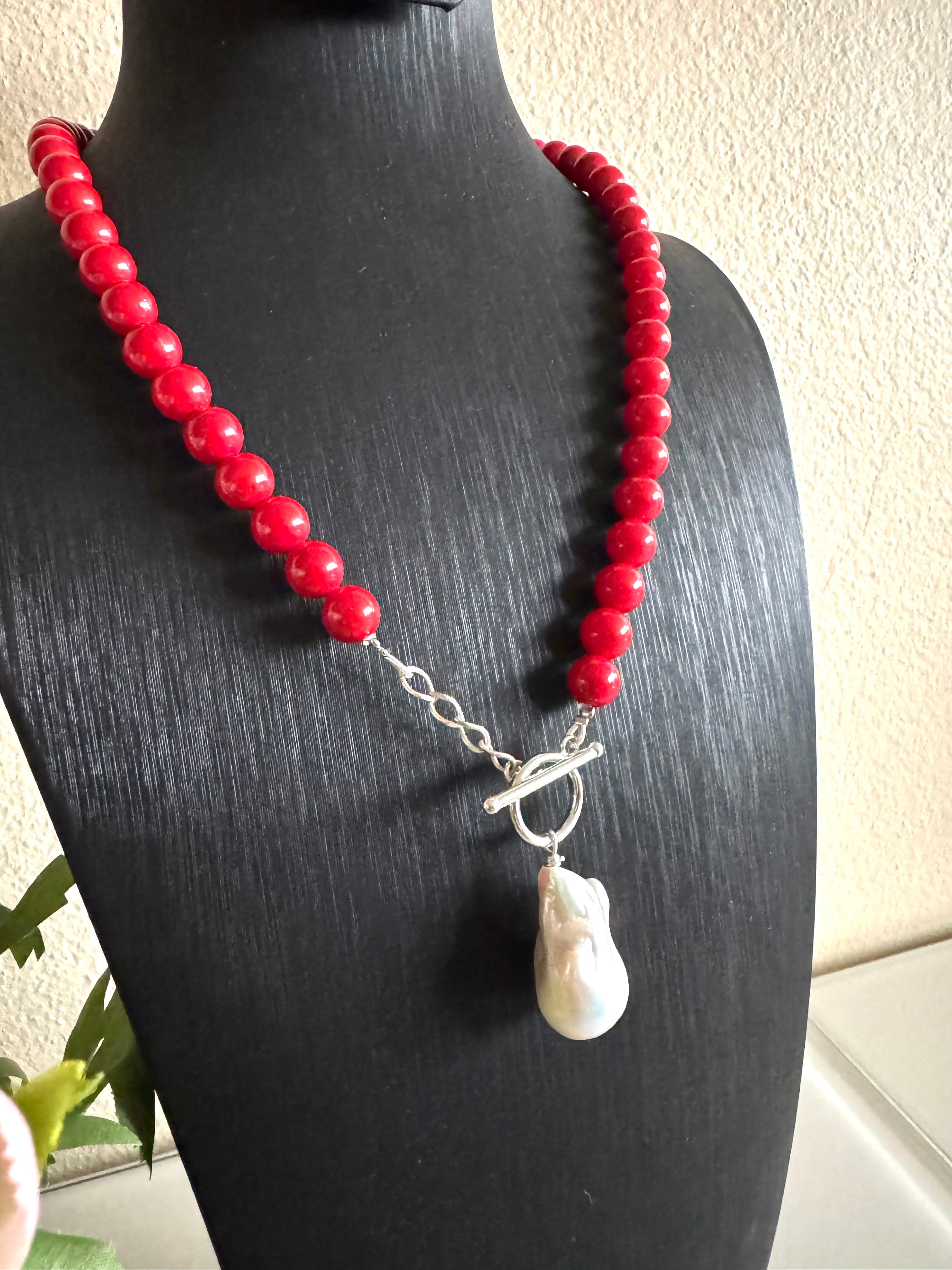 Sterling silver freshwater baroque pearl and red shell pearl necklace
