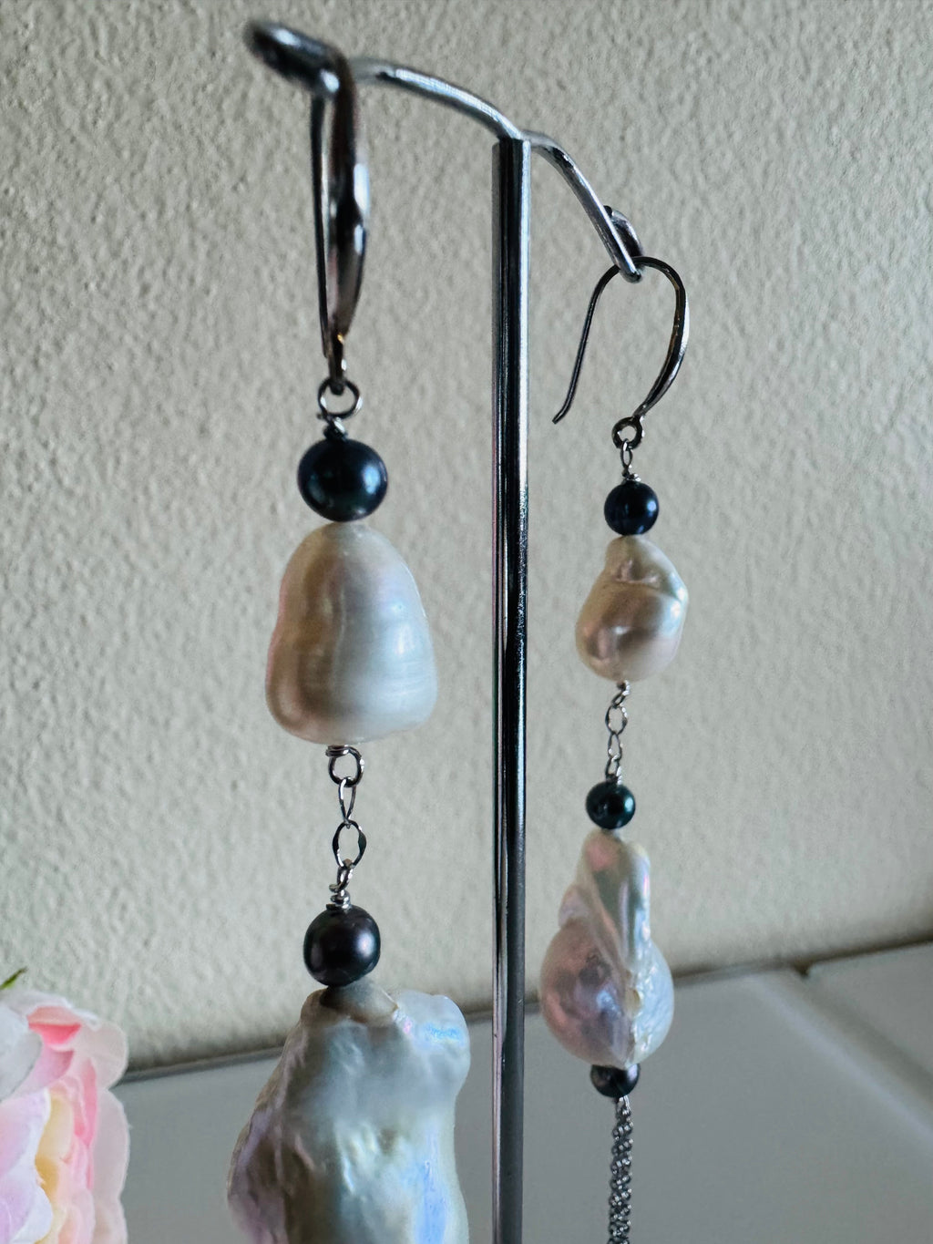 Large Freshwater Pearl Earrings with Sterling Silver Hooks and Surgical Stainless Settings and Chains