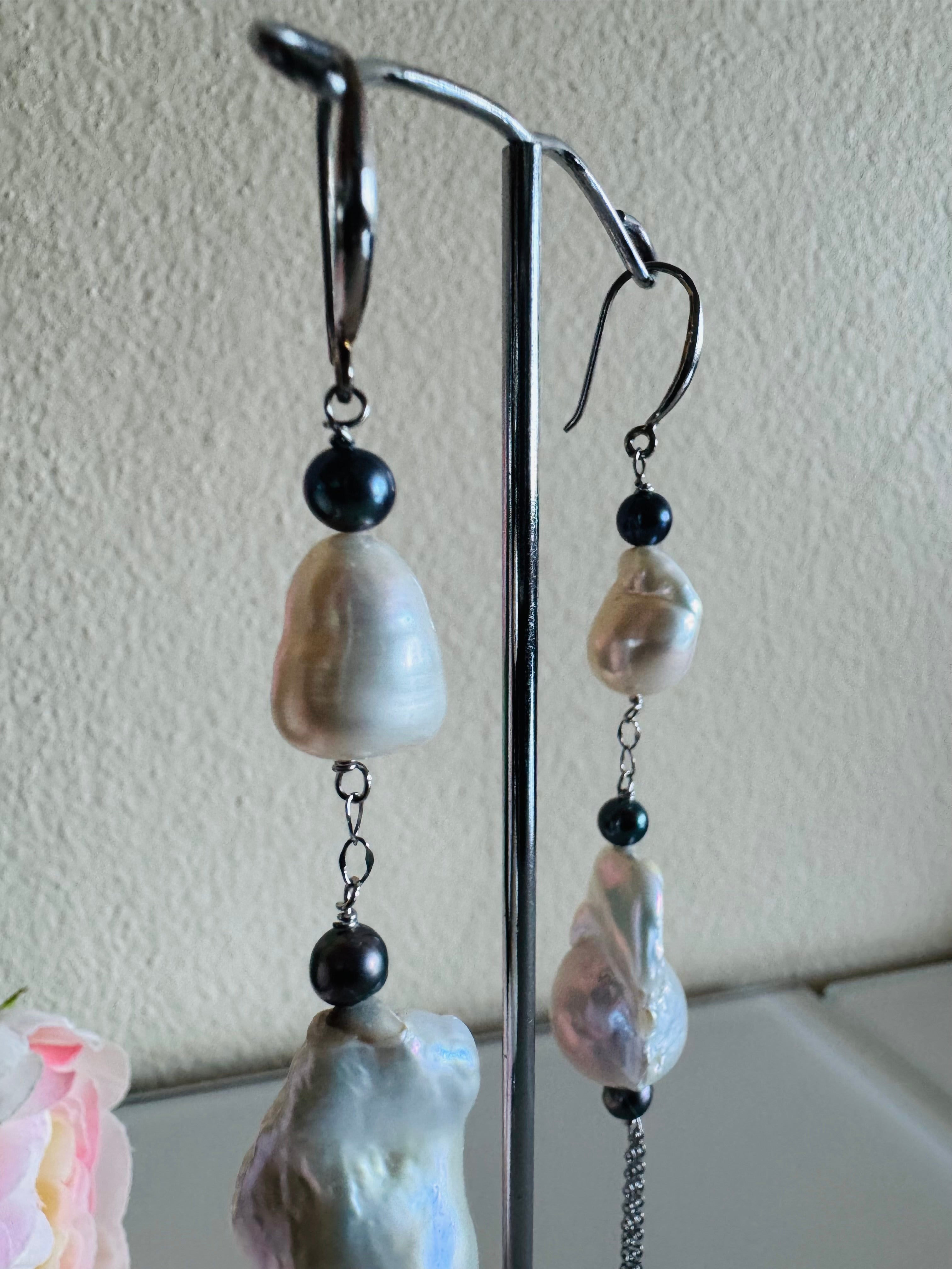 Large Freshwater Pearl Earrings with Sterling Silver Hooks and Surgical Stainless Settings and Chains