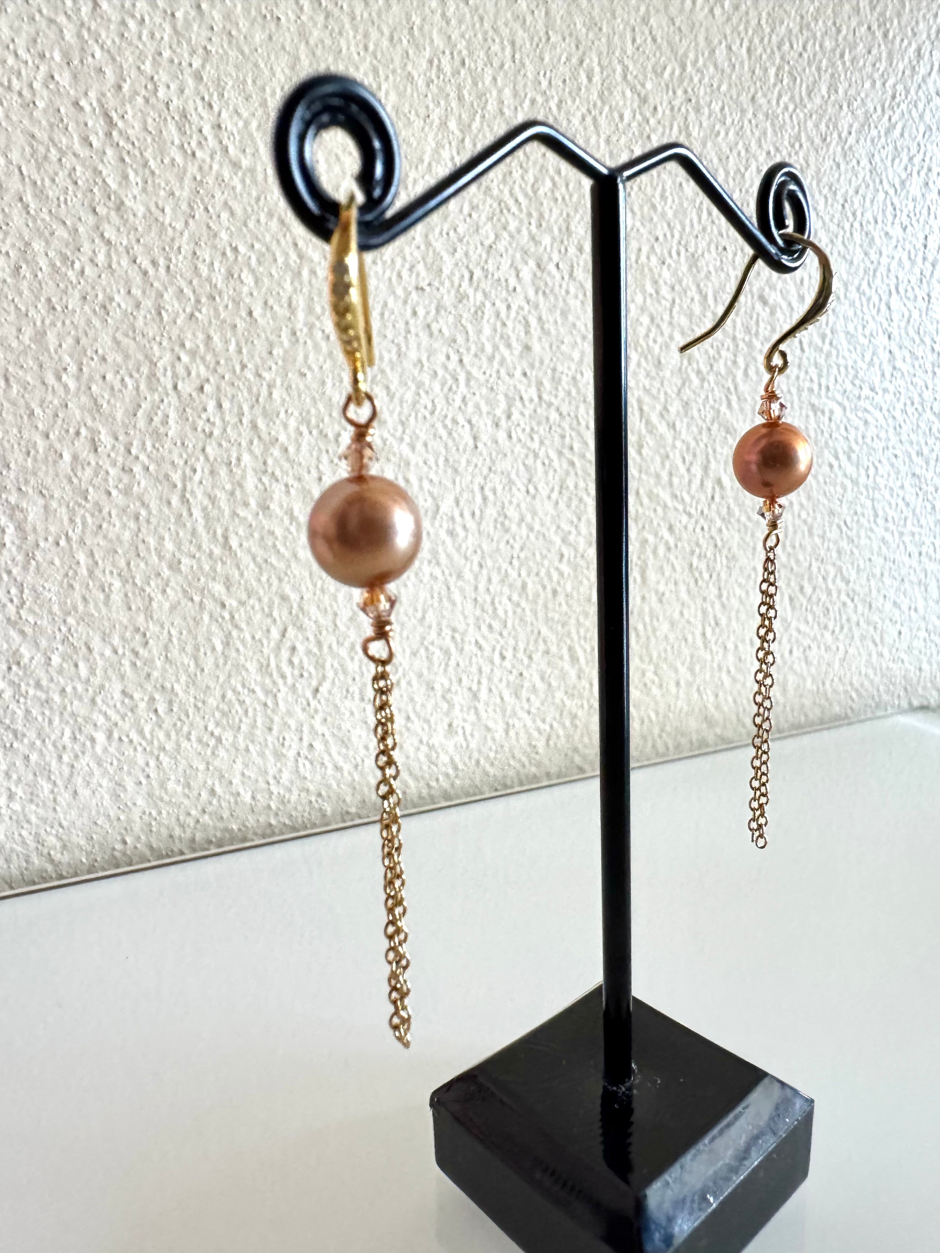 Sterling silver freshwater golden pearl earrings with stainless gold chains