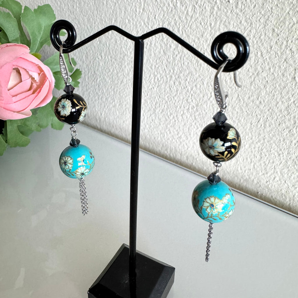 Sterling silver Japanese tensha beads and Swarovski elements crystal earrings with stainless chain and settings