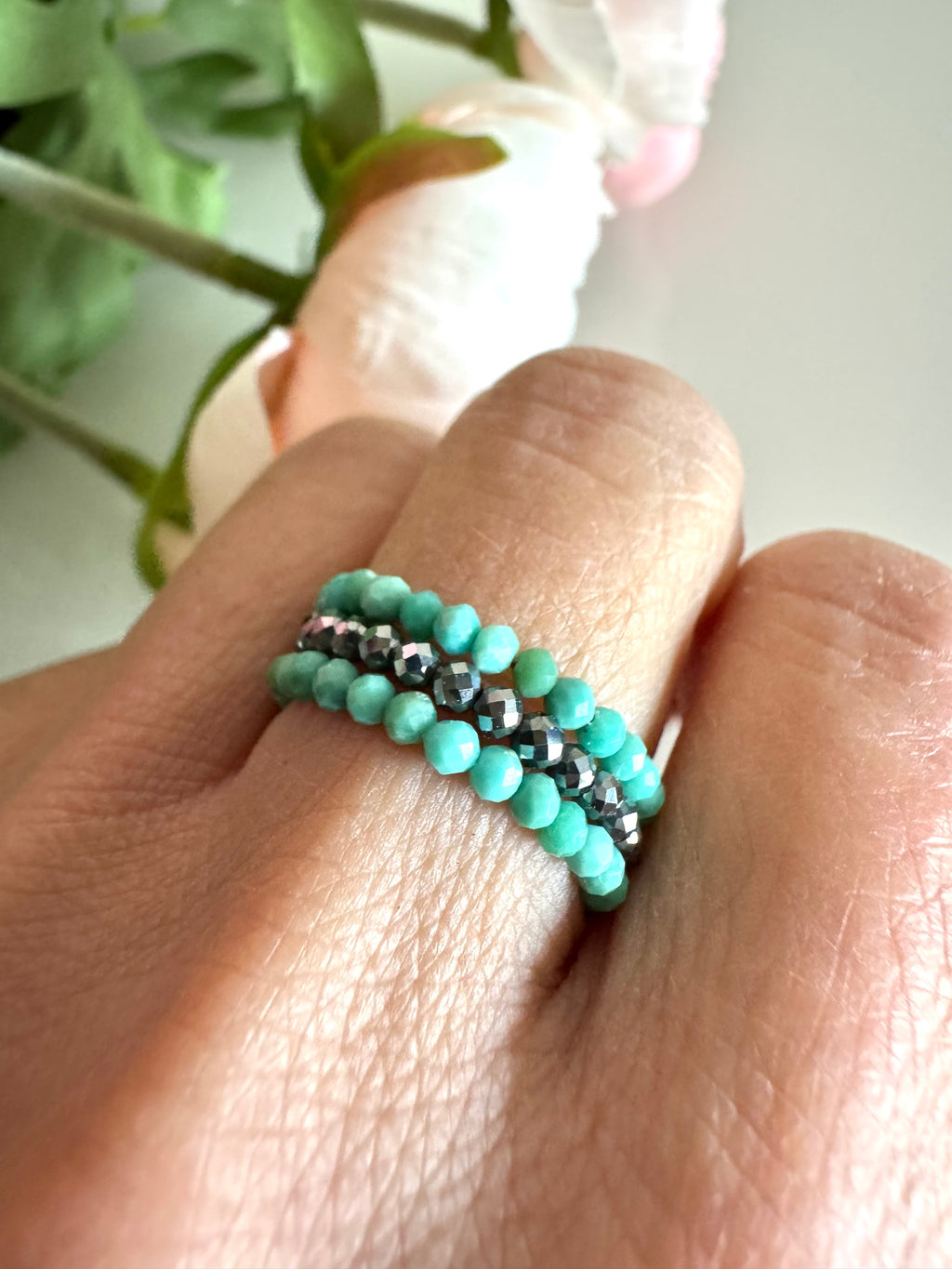 Turquoise and Terahertz stone (faceted) free size memory wire ring