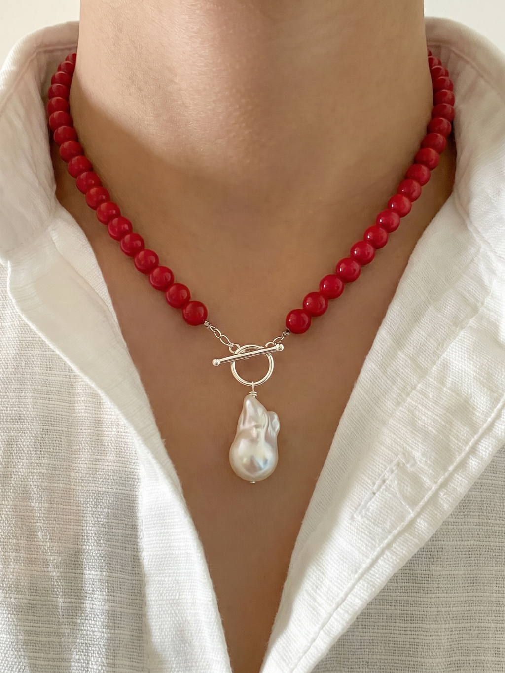 Sterling silver freshwater baroque pearl and red shell pearl necklace