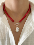 Sterling silver freshwater baroque pearl and red shell pearl necklace