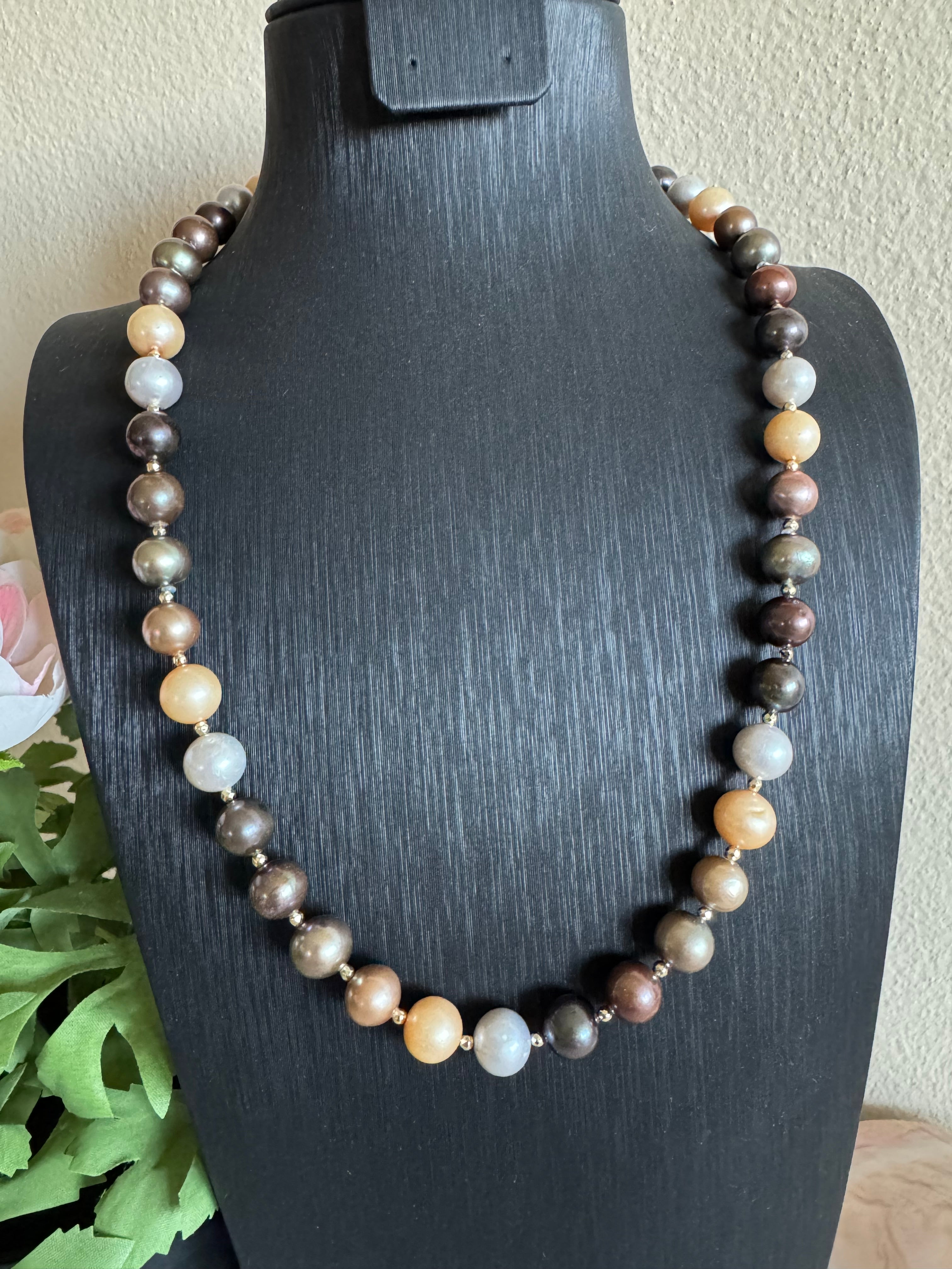 Multi colour freshwater pearl and golden hematite beads necklace with stainless gold clasps