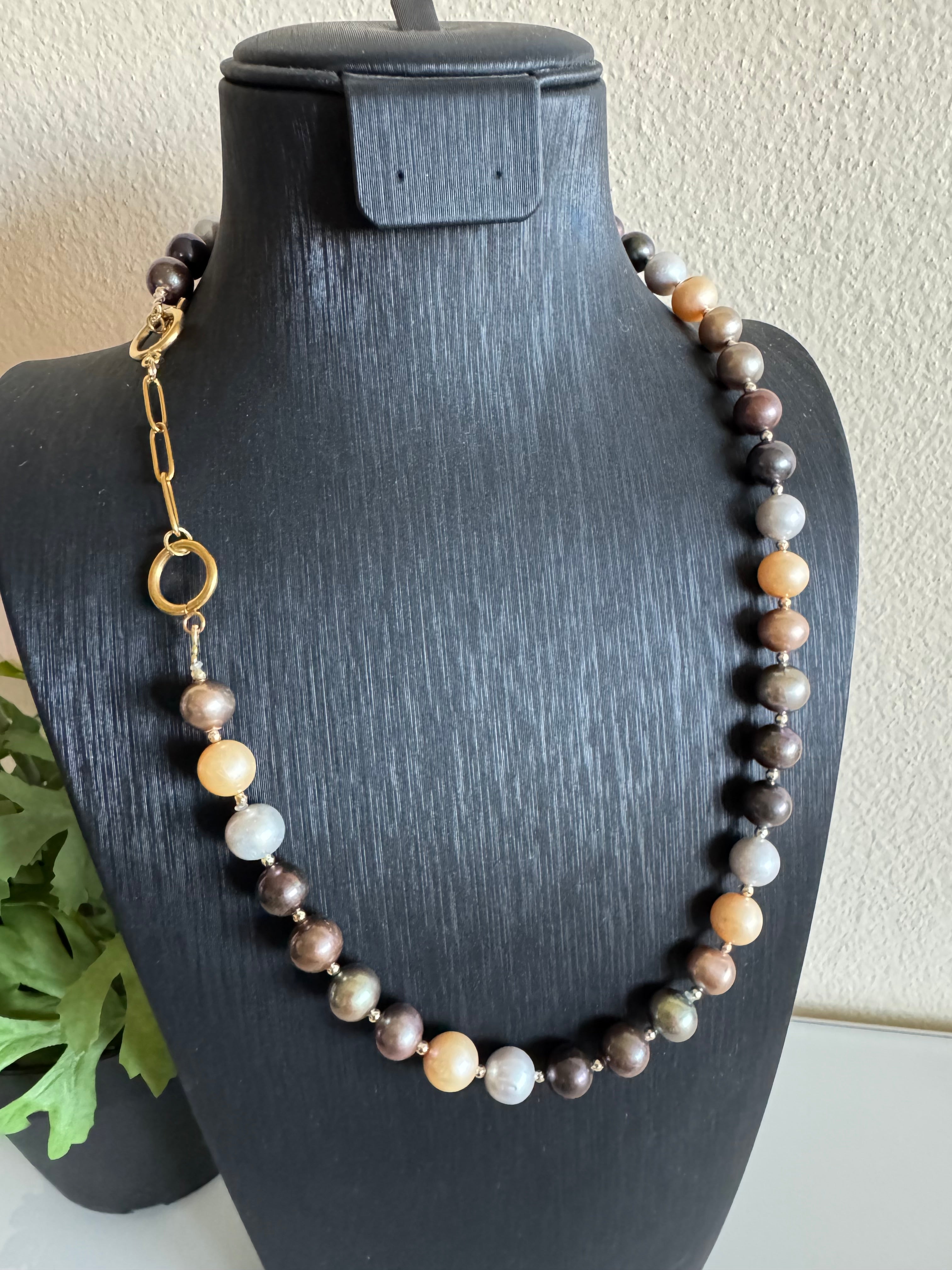 Multi colour freshwater pearl and golden hematite beads necklace with stainless gold clasps